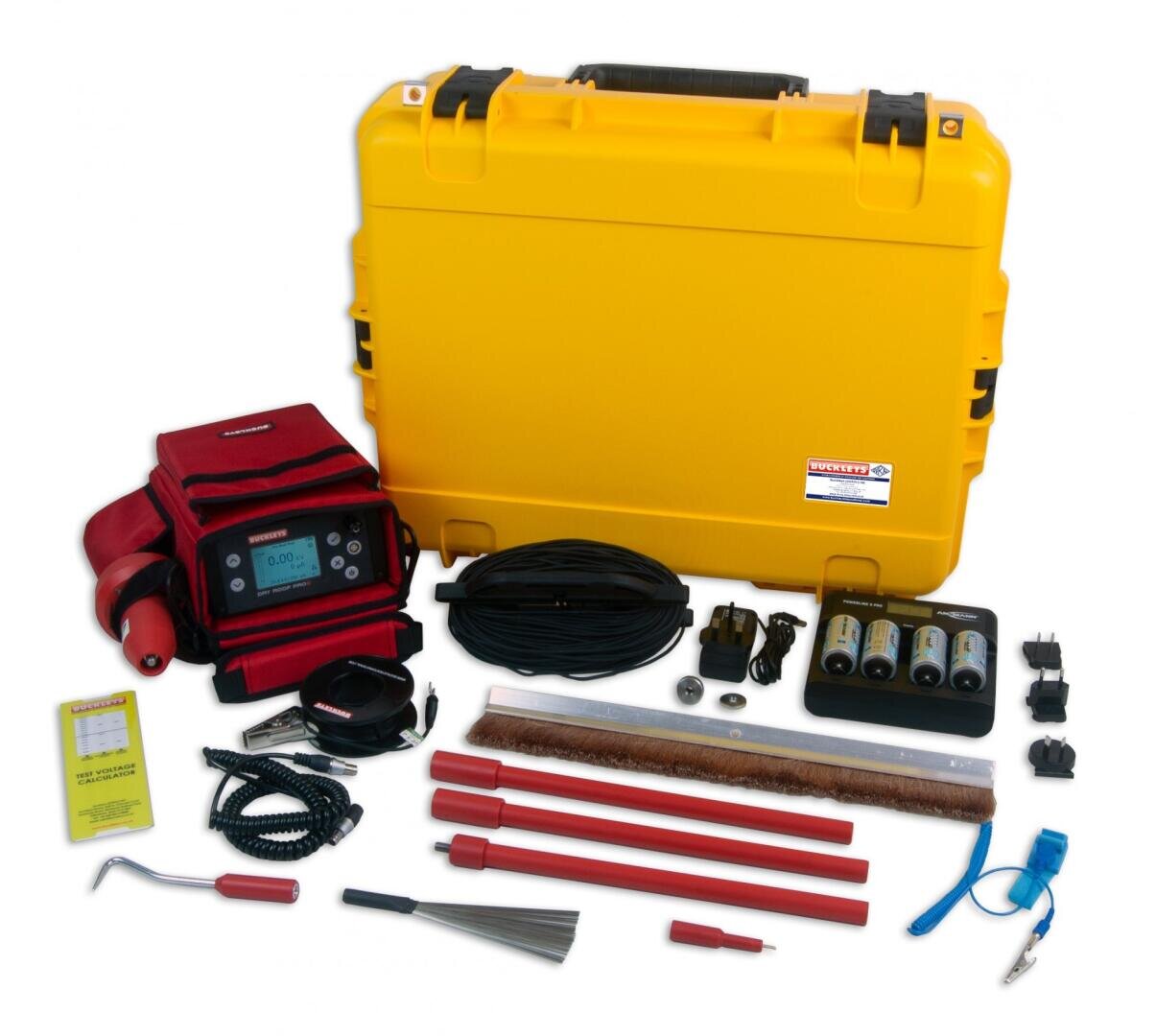 A yellow hard case surrounded by various electronic devices, red rods, cables, adapters, brushes, a power cord and batteries, neatly arranged on a white background.