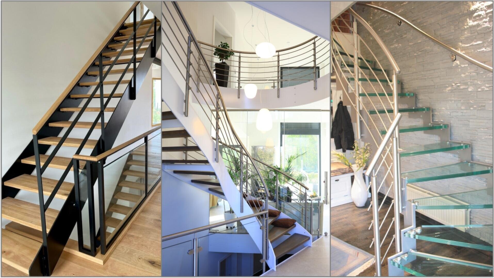 Eine Collage von drei modernen Innentreppen: links mit Holzstufen und schwarzem Geländer, in der Mitte mit Metallgeländer und beigen Stufen und rechts mit Glasstufen und einem geschwungenen Metallgeländer.