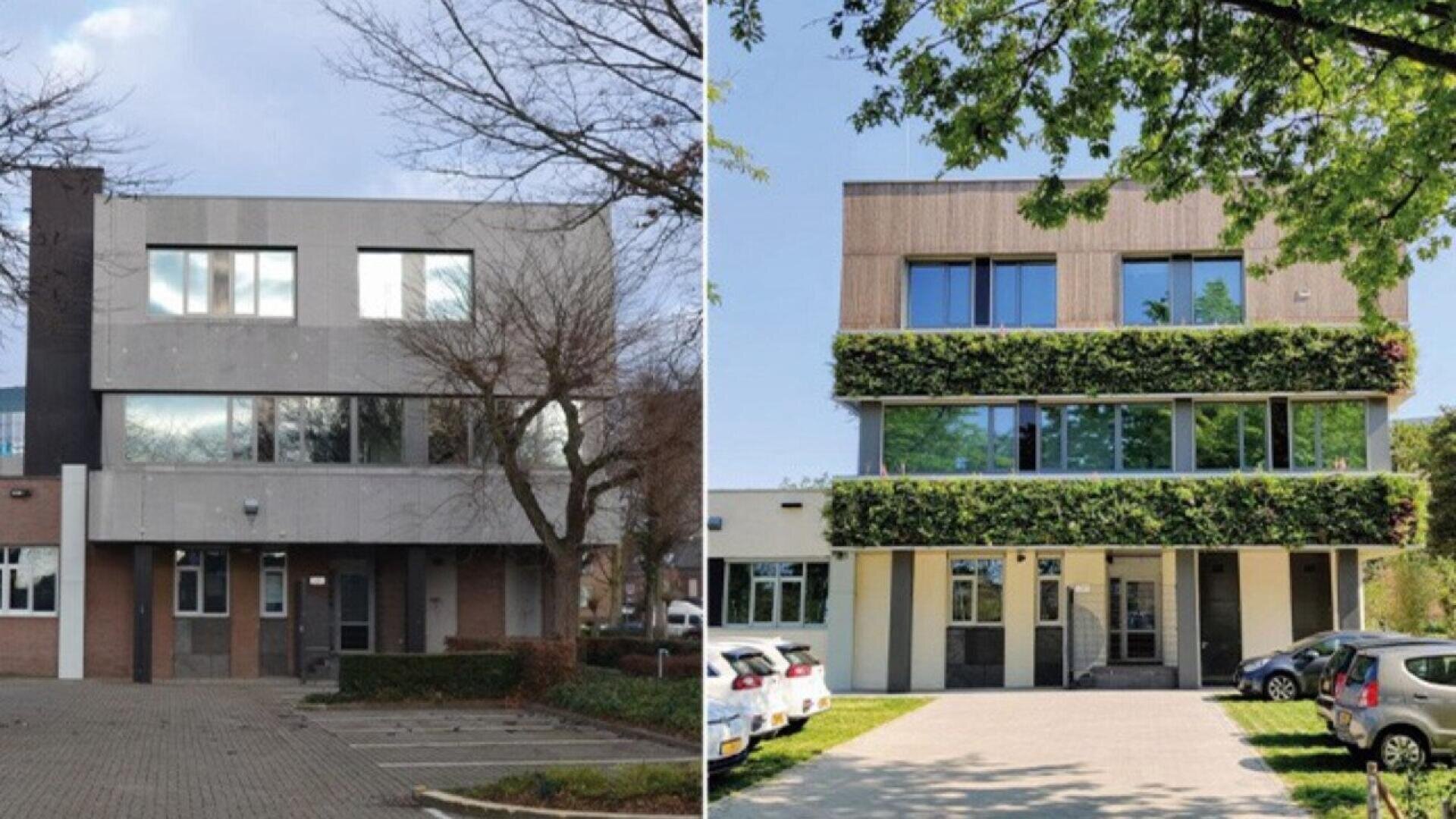 Side-by-side comparison of a building before and after renovation; the left shows a plain facade, and the right shows the same building with greenery and improved exterior design.