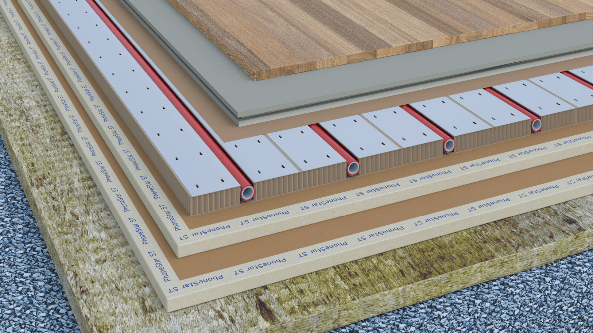 A cross-section through several layers of flooring, including gravel, insulation, concrete, heating pipes in the slabs, a slab and a wooden top layer on top.