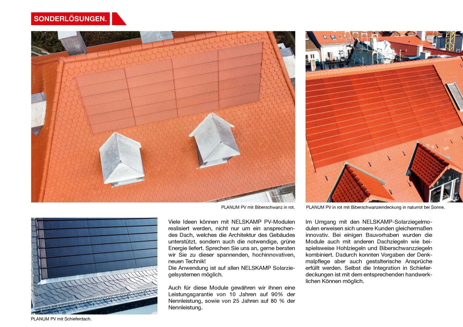 Luftaufnahme eines roten Ziegeldachs mit integrierten rechteckigen Solarmodulen und zwei weißen Dachfenstern; neben dem Hauptfoto sind Nahaufnahmen von Solarmodulen und einer solarbeheizten Dachkante zu sehen.