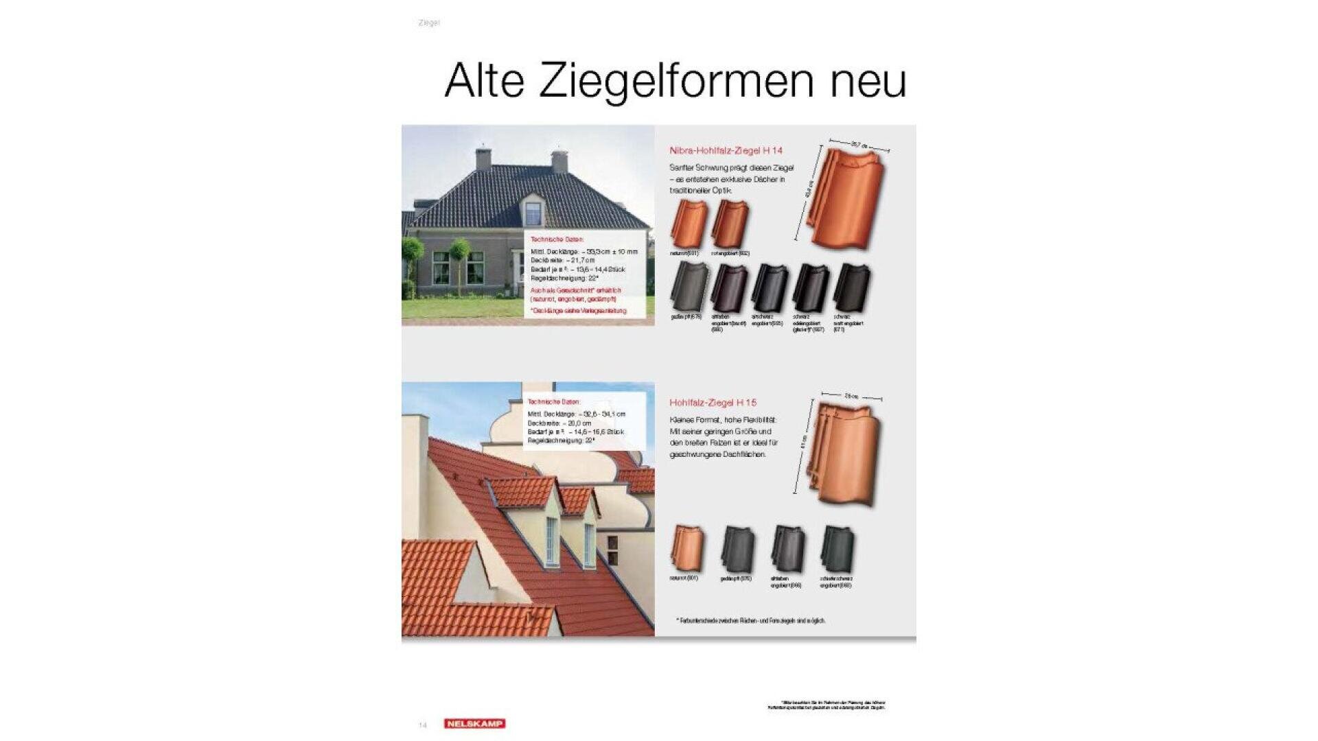 A comparison chart showing old and new clay roof tile shapes, with two houses featuring different roof designs and several tile types displayed in rows with German text describing them.