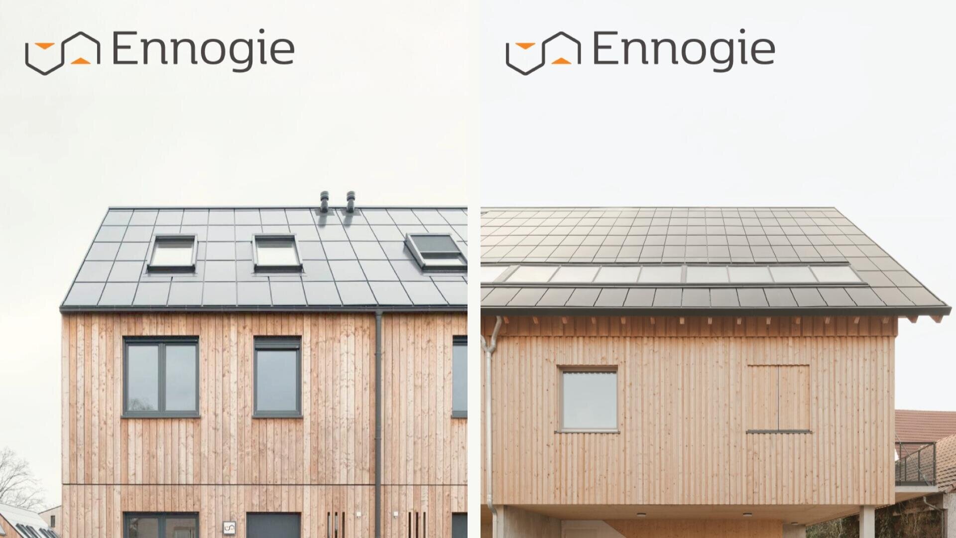 Side-by-side images of two modern wooden houses with dark solar-panel roofs. Both images display the Ennogie logo at the top, featuring a house icon with an orange detail.