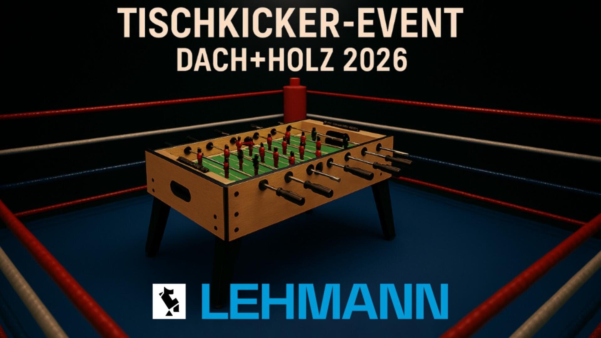 In der Mitte eines Boxrings steht ein Kickertisch. Darüber steht der Text TISCHKICKER-EVENT DACH+HOLZ 2026. Unter dem Tisch ist das blaue LEHMANN-Logo zu sehen.