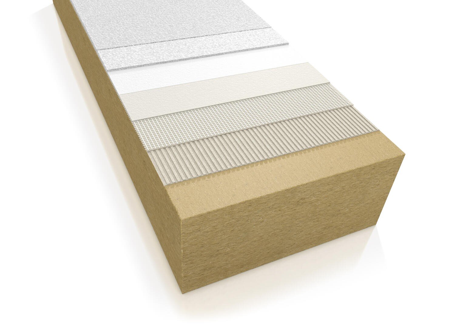 Eine 3D-Illustration einer mehrschichtigen Gebäudedämmplatte, die mehrere horizontale Schichten zeigt, darunter braunes Dämmmaterial unten und verschiedene graue und weiße Deckschichten oben.