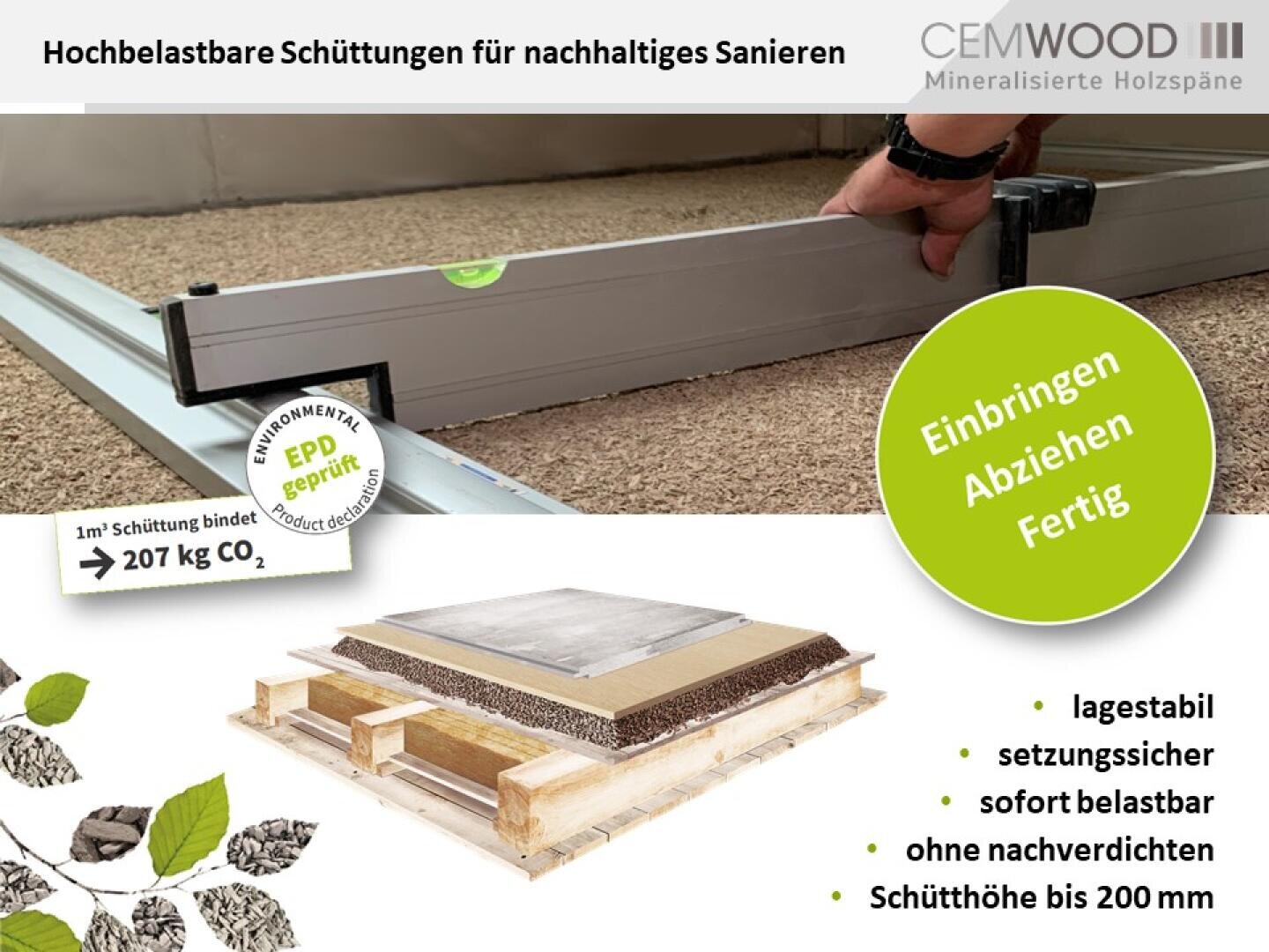 Eine Person nivelliert einen Unterboden mit einem Lineal; der Einschub zeigt einen Querschnitt eines Bodenbelags mit Isolierung. Der Text hebt die Stabilität, Nachhaltigkeit und einfache Verlegung des Produkts bei Bodenrenovierungen hervor.