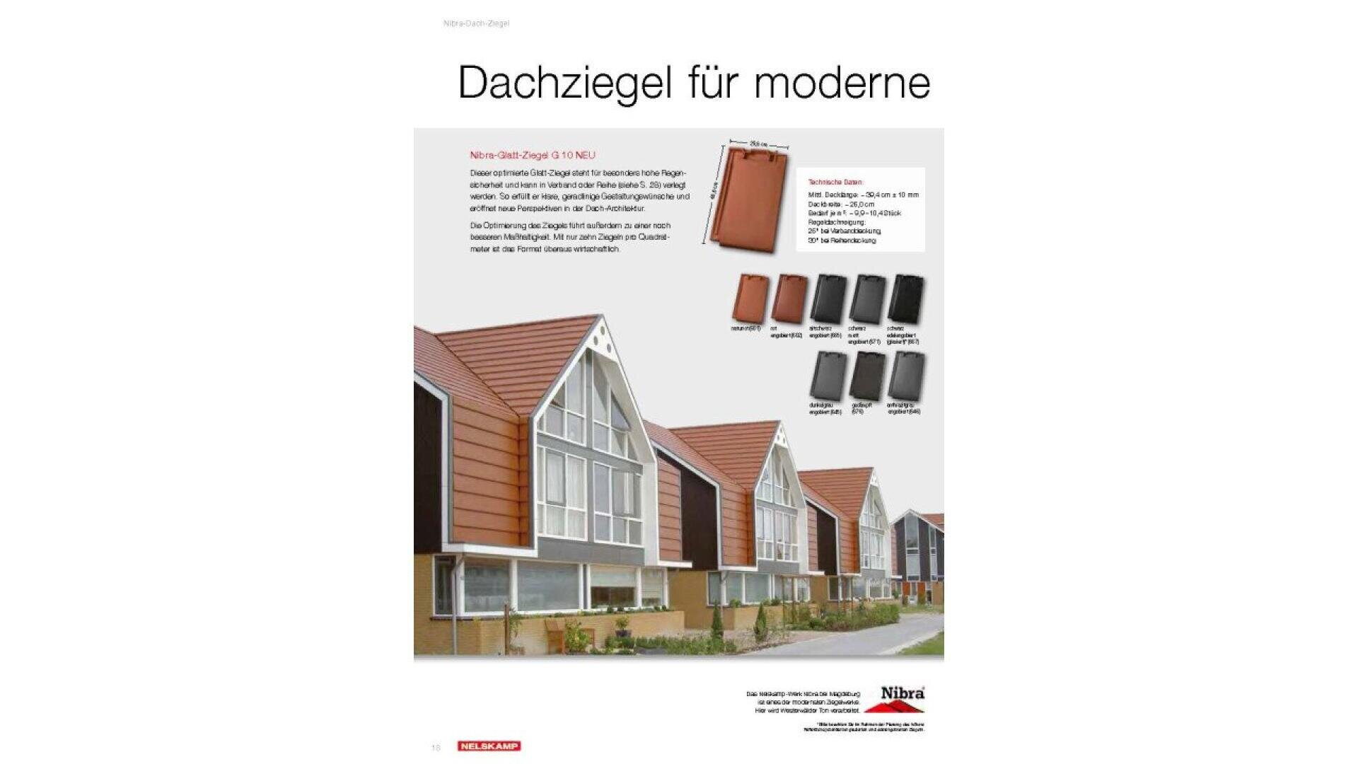 Row of modern houses with large glass windows and sloped roofs covered in reddish-brown tiles. Above, German text reads Dachziegel für moderne. To the right, images of different roof tile styles and technical details.