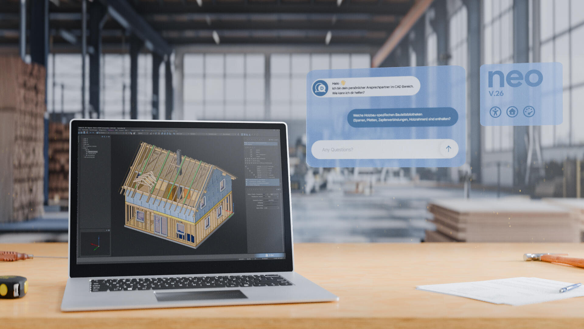 Ein Laptop auf einem Holztisch zeigt ein 3D-Modell eines Hausrahmens. Im Hintergrund ist ein geräumiges, modernes Lagerhaus zu sehen. Schwebende digitale Schnittstellenfenster zeigen Chat-Nachrichten und Informationen zur Software neo v2.6 an.