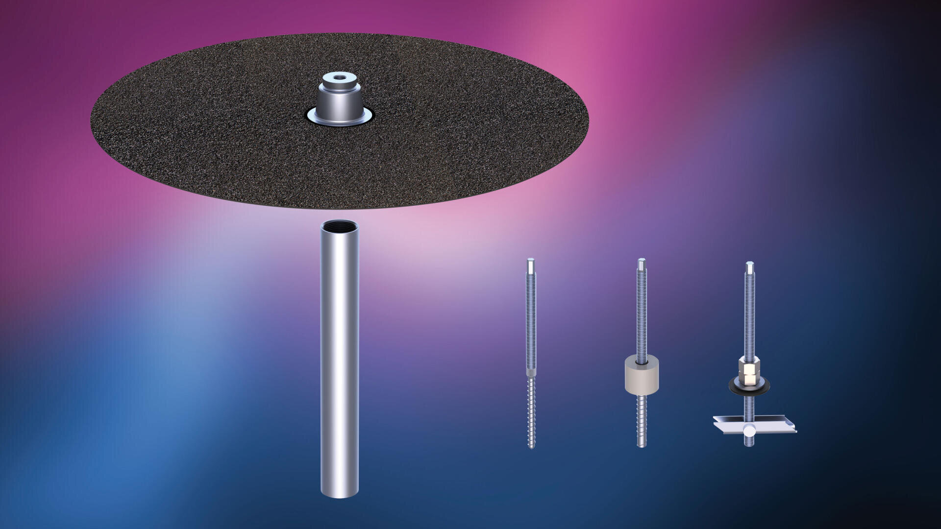 Eine Metallscheibe mit strukturierter schwarzer Oberfläche ist an einem zylindrischen silbernen Stab befestigt. In der Nähe befinden sich drei vertikale Schrauben mit verschiedenen kleinen Aufsätzen, die vor einem Hintergrund mit lila und blauem Farbverlauf zu sehen sind.
