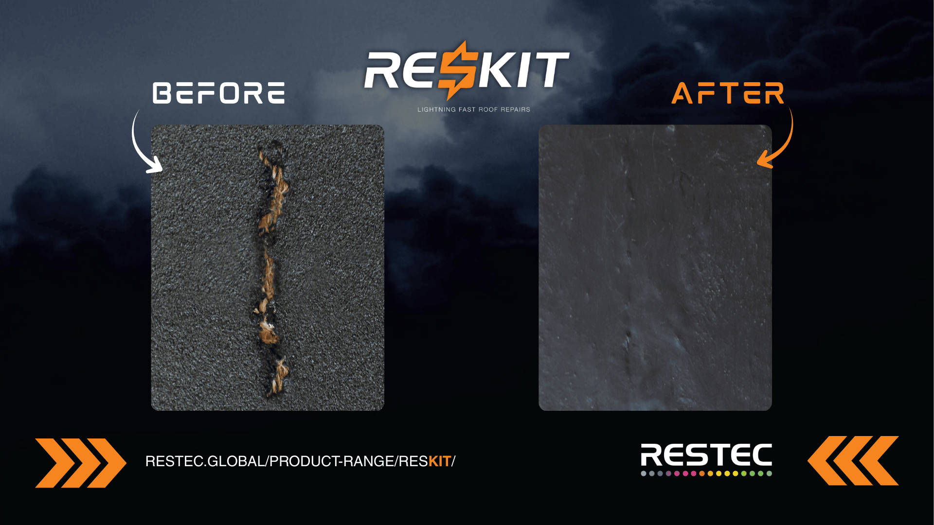 Before and after comparison of a roof repair: the left shows a cracked, damaged surface, and the right shows a smooth, restored surface. Text reads RESKIT, Before, After, and includes the Restec logo and website link.