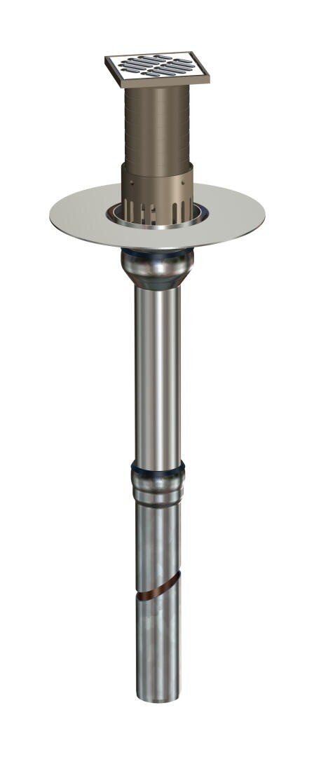 Ein zylindrischer Dachablauf aus Metall mit einem flachen, vergitterten Deckel, einem breiten, runden Flansch und einem senkrecht nach unten verlaufenden Rohr, der für Dachentwässerungssysteme konzipiert ist.