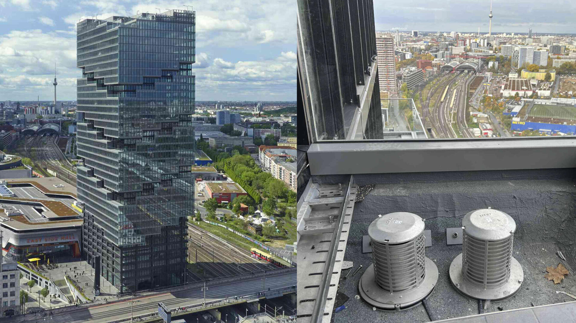 Ein geteiltes Bild zeigt links das moderne Hochhaus des „East Side Edge Tower“ mit seiner unregelmäßigen Glassfassade. Rechts eine Stadtansicht aus einem hohen Stockwerk des Gebäudes, von einem der Balkons mit den Abläufen der Entwässeungstechnik von Loro im Bild.