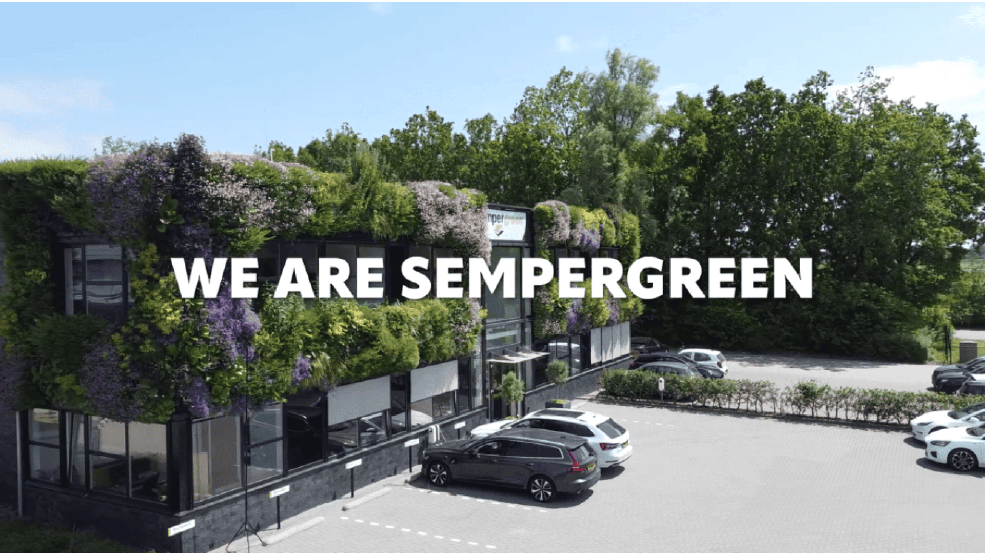 An office building covered in lush green plants, with cars parked outside and the words WE ARE SEMPERGREEN in bold white letters across the center of the image.