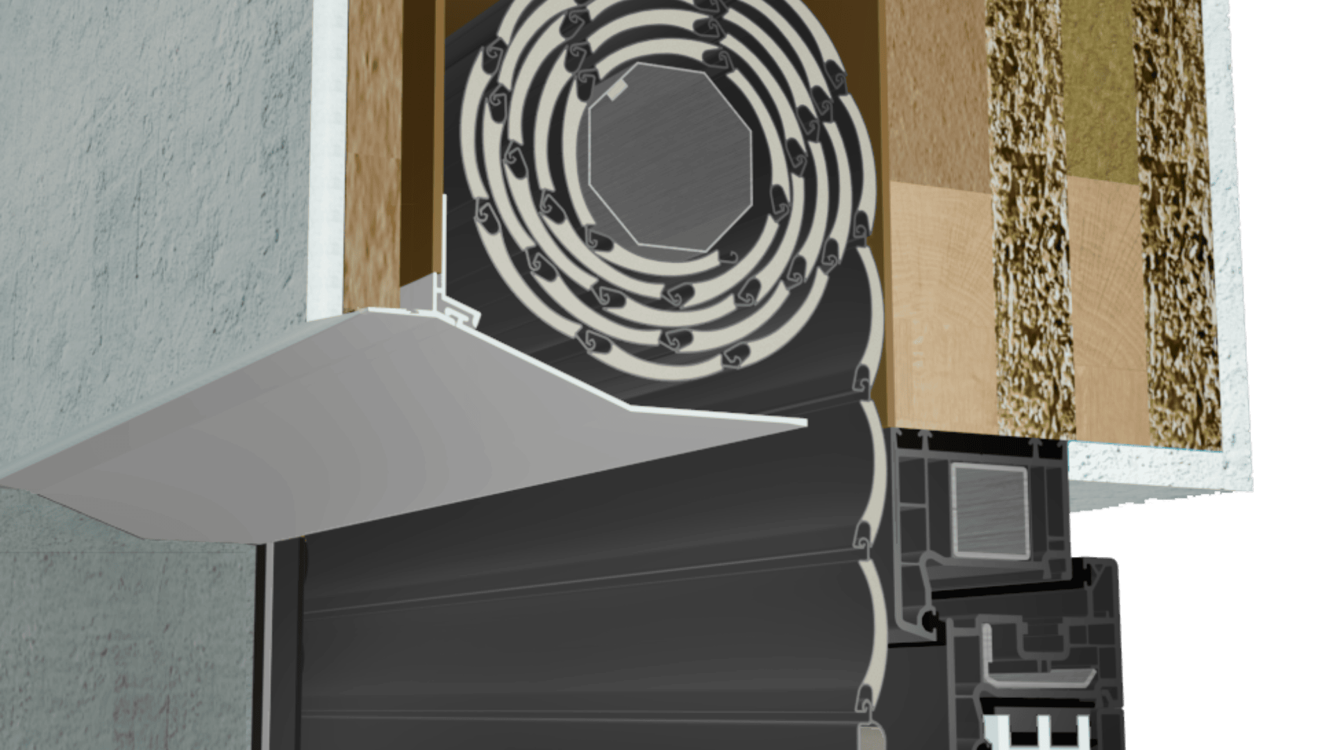 Querschnitt einer Wand mit Dämmschichten, Holz und einem montierten, teilweise ausgerollten Rollladen aus Metall, dessen innere Walze und Mechanismus sichtbar sind.