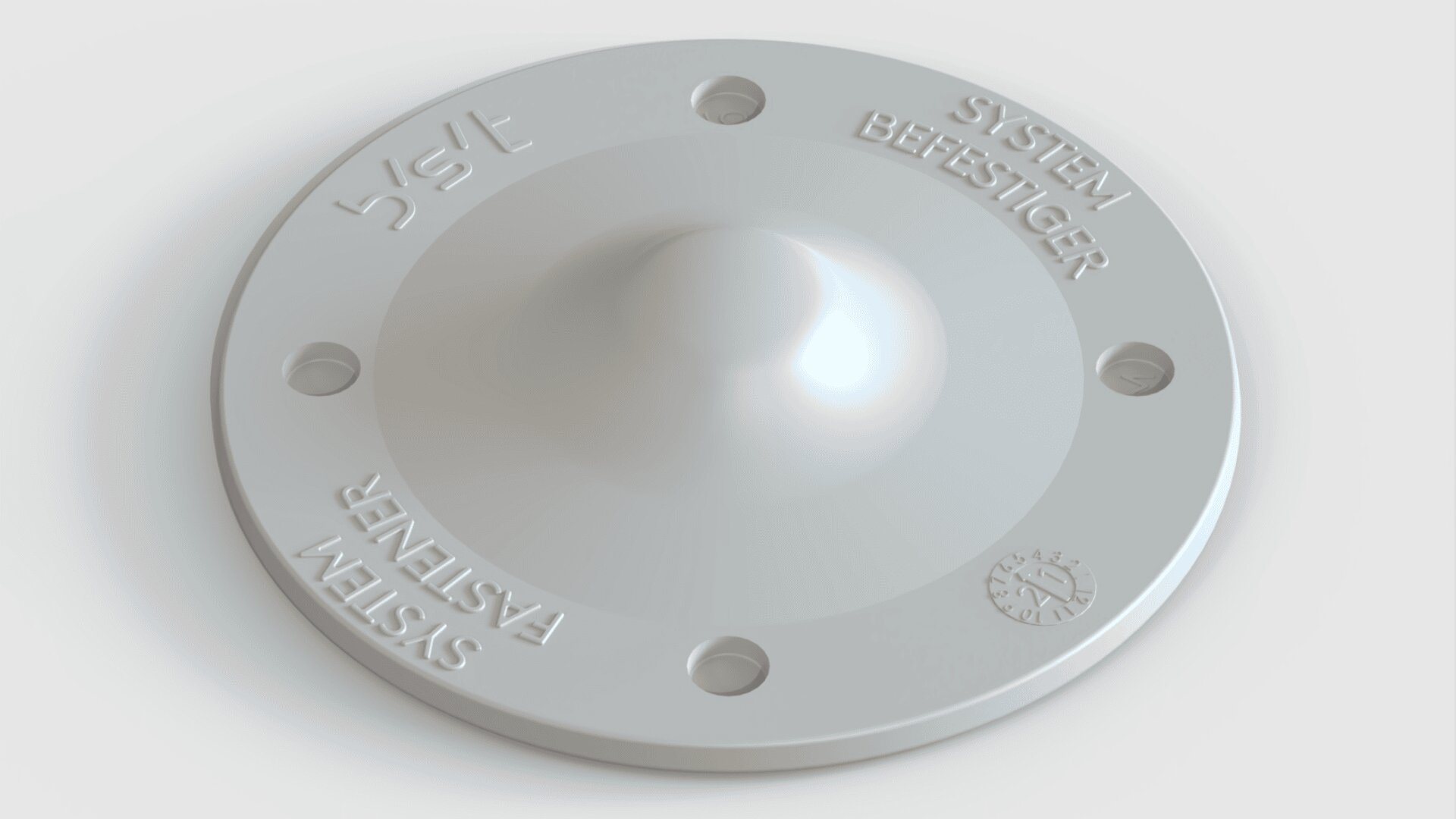 A round, white plastic fastener with four holes and a raised dome center. The words “SYSTEM BEFESTIGER” and “SYSTEM FASTENER” are engraved around the edge.