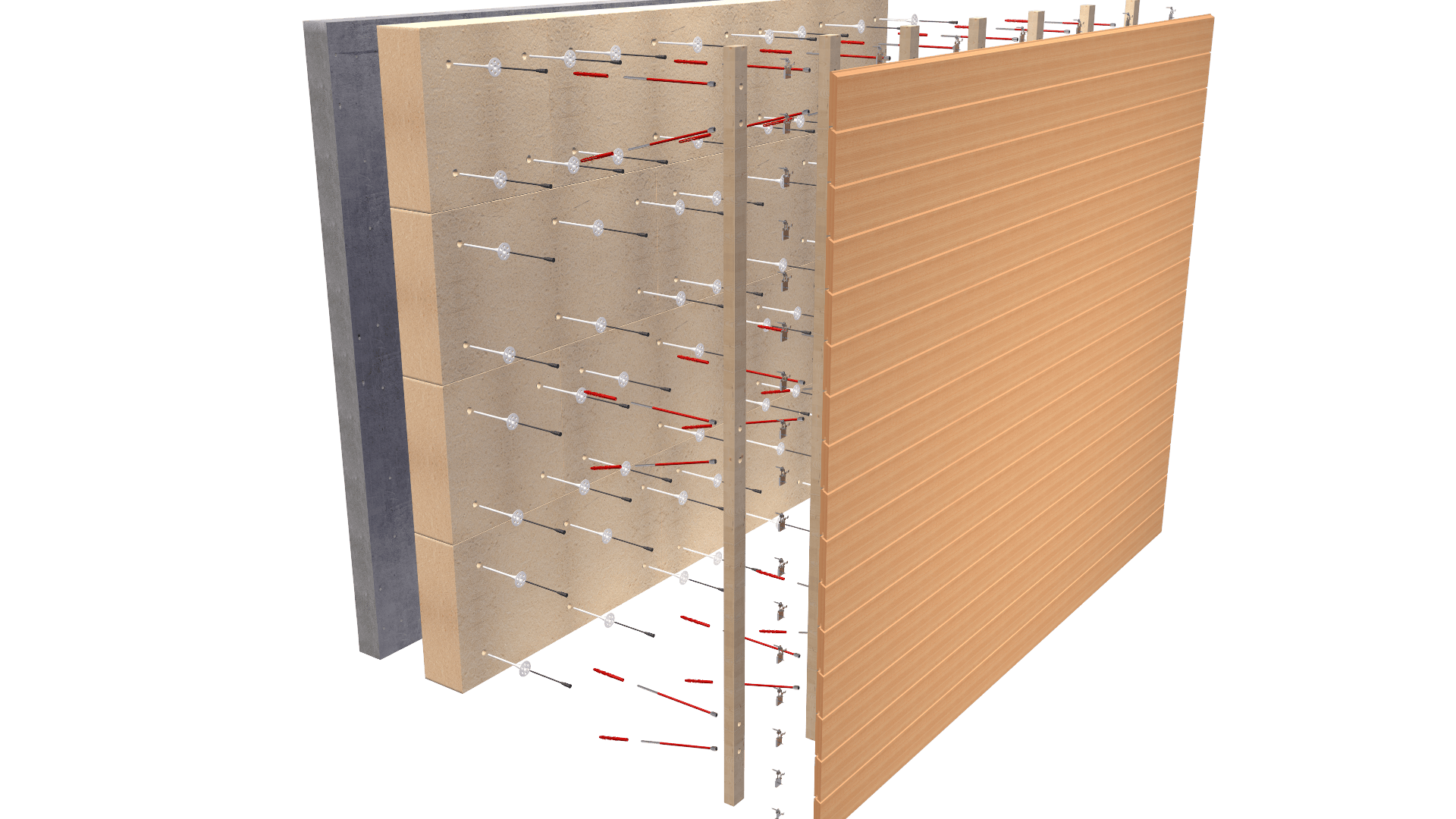 An exploded view of a multi-layer wall assembly showing concrete, insulation, and wood panels, with connectors and red arrows indicating attachment points between the layers.