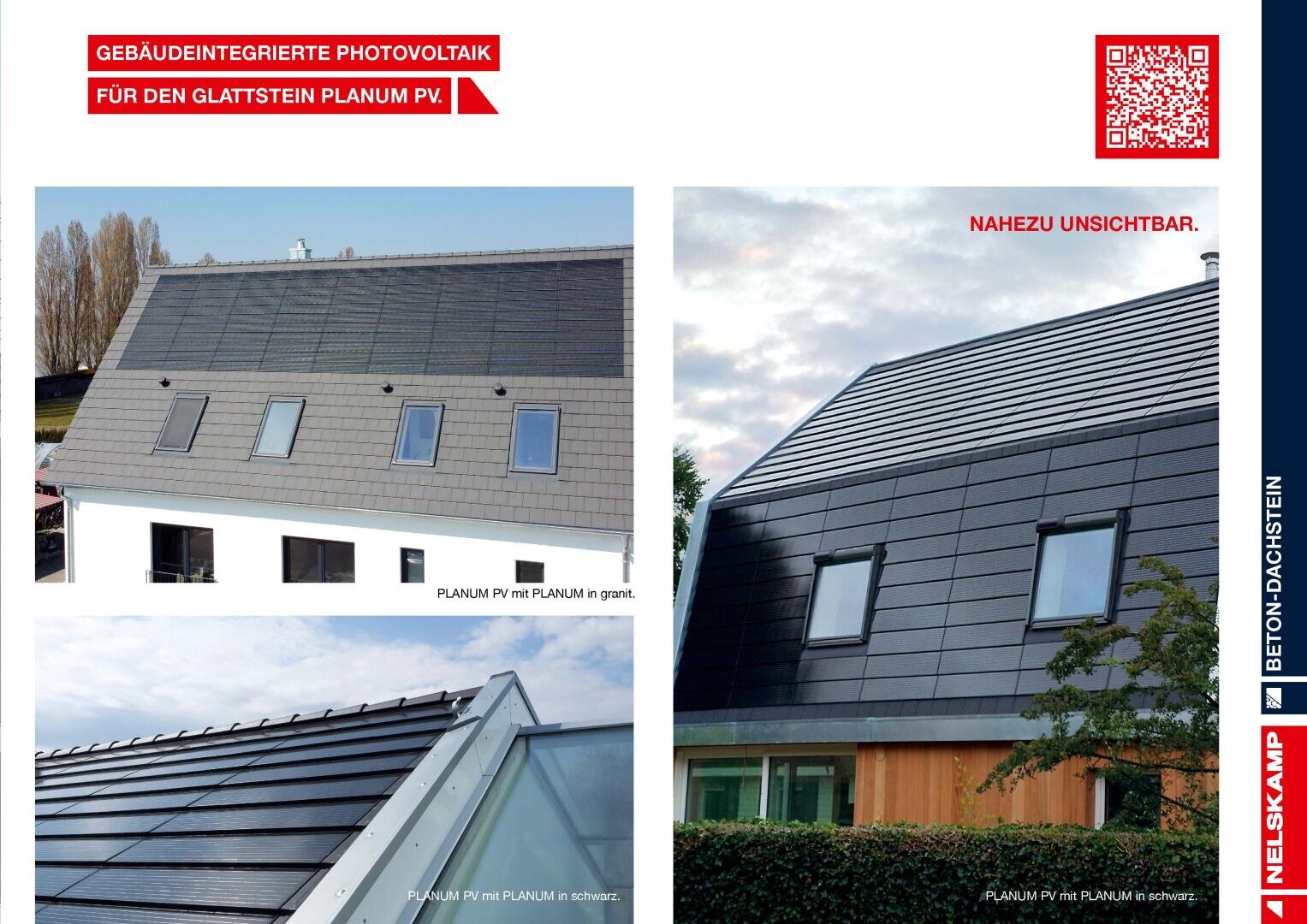 Drei Bilder von modernen Häusern mit dachintegrierten Solarzellen in verschiedenen Grautönen, die nahtlos mit den Dachziegeln verschmelzen. Das Design unterstreicht die nahezu unsichtbare Erscheinung der Photovoltaikanlage.