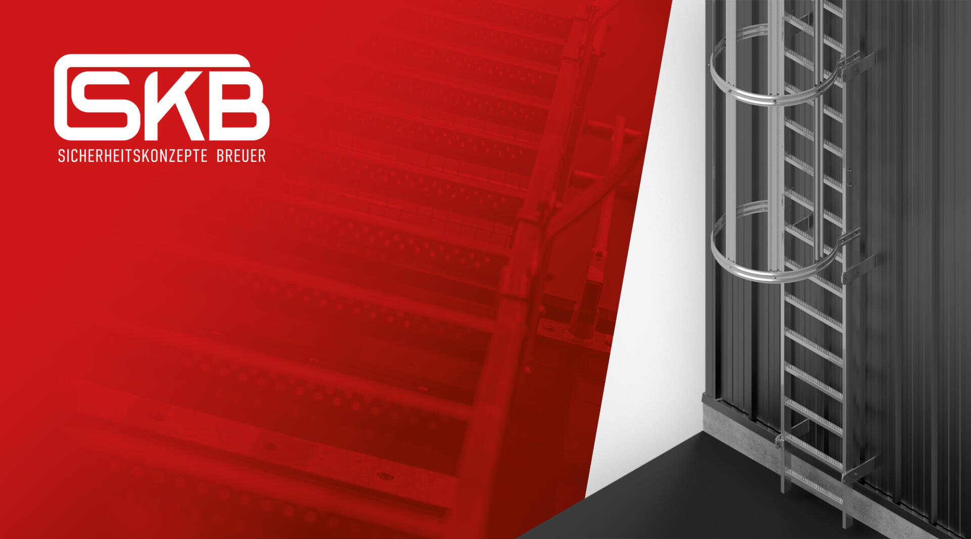 A metal safety ladder with round safety brackets is attached to a building; a red overlay with the white SKB logo and the text Sicherheitskonzepte Breuer can be seen on the left.