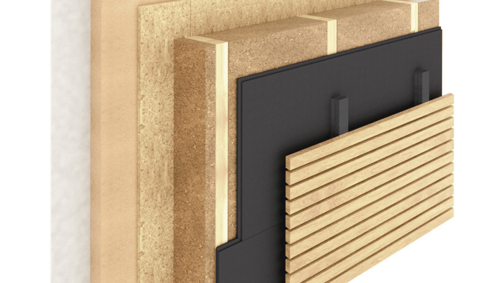 Eine Querschnittsabbildung zeigt die Schichten der Wandkonstruktion, darunter Isolierung, Holzpaneele, eine schwarze Barriere und eine dekorative Außenschicht mit horizontalen Holzlatten.