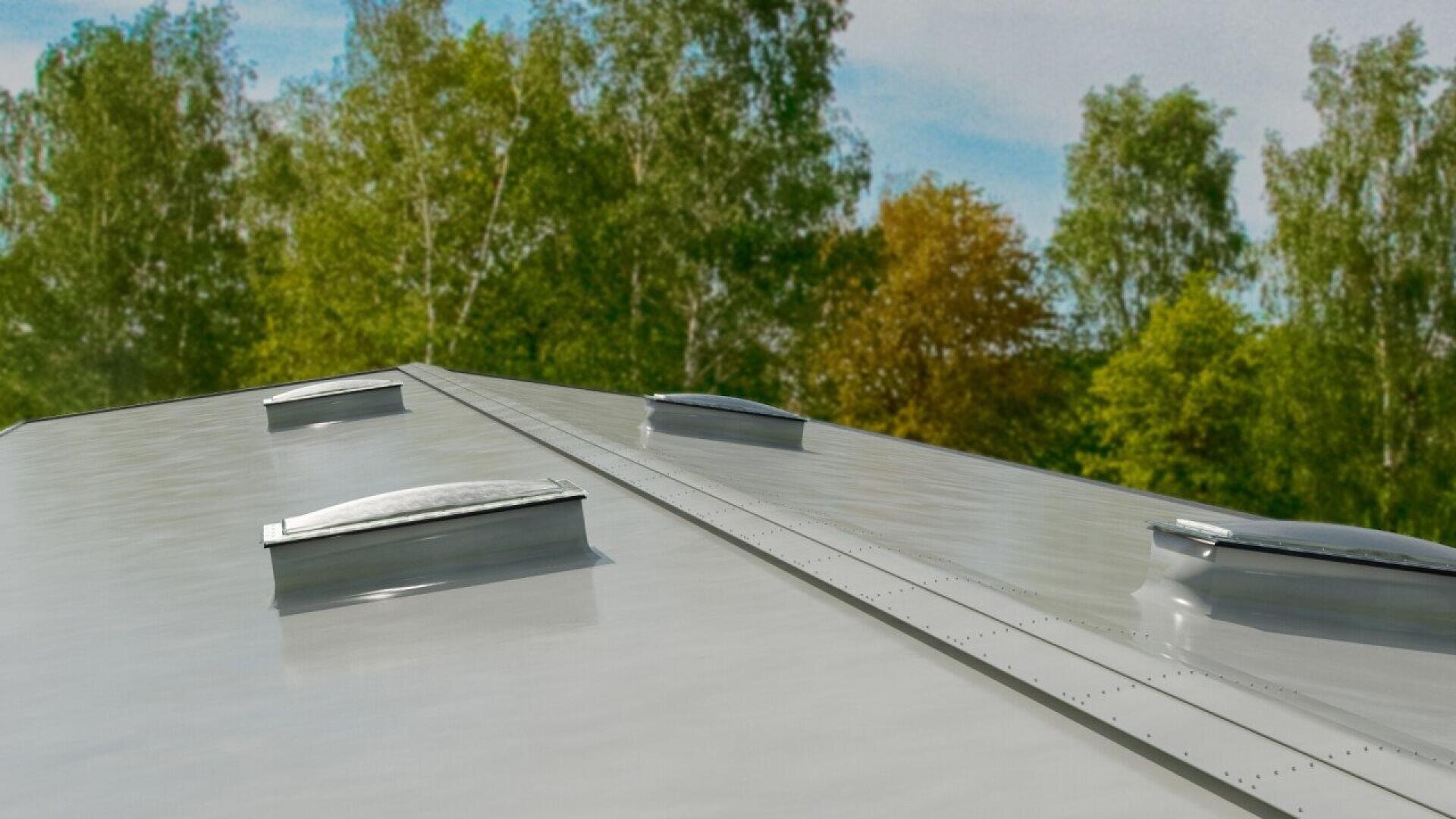 A close-up view of a metal roof with several small skylights, surrounded by tall green trees under a partly cloudy sky.