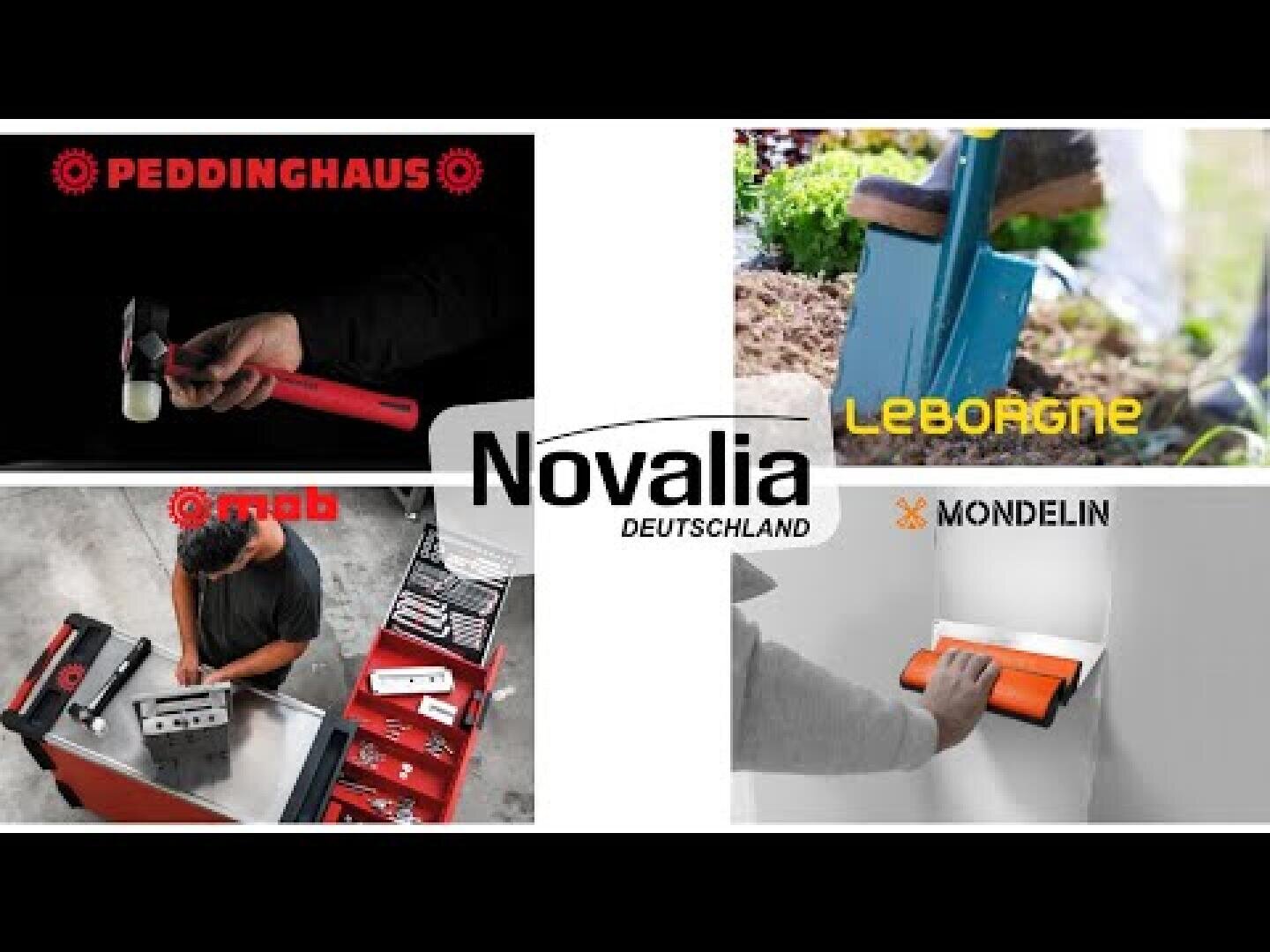 Eine Collage mit Werkzeugen verschiedener Marken: ein Peddinghaus-Hammer, eine mob-Werkzeugkiste, ein Leborgne-Gartenwerkzeug in Erde und ein Mondelin-Mauerwerkzeug, mit dem Logo von Novalia Deutschland in der Mitte.