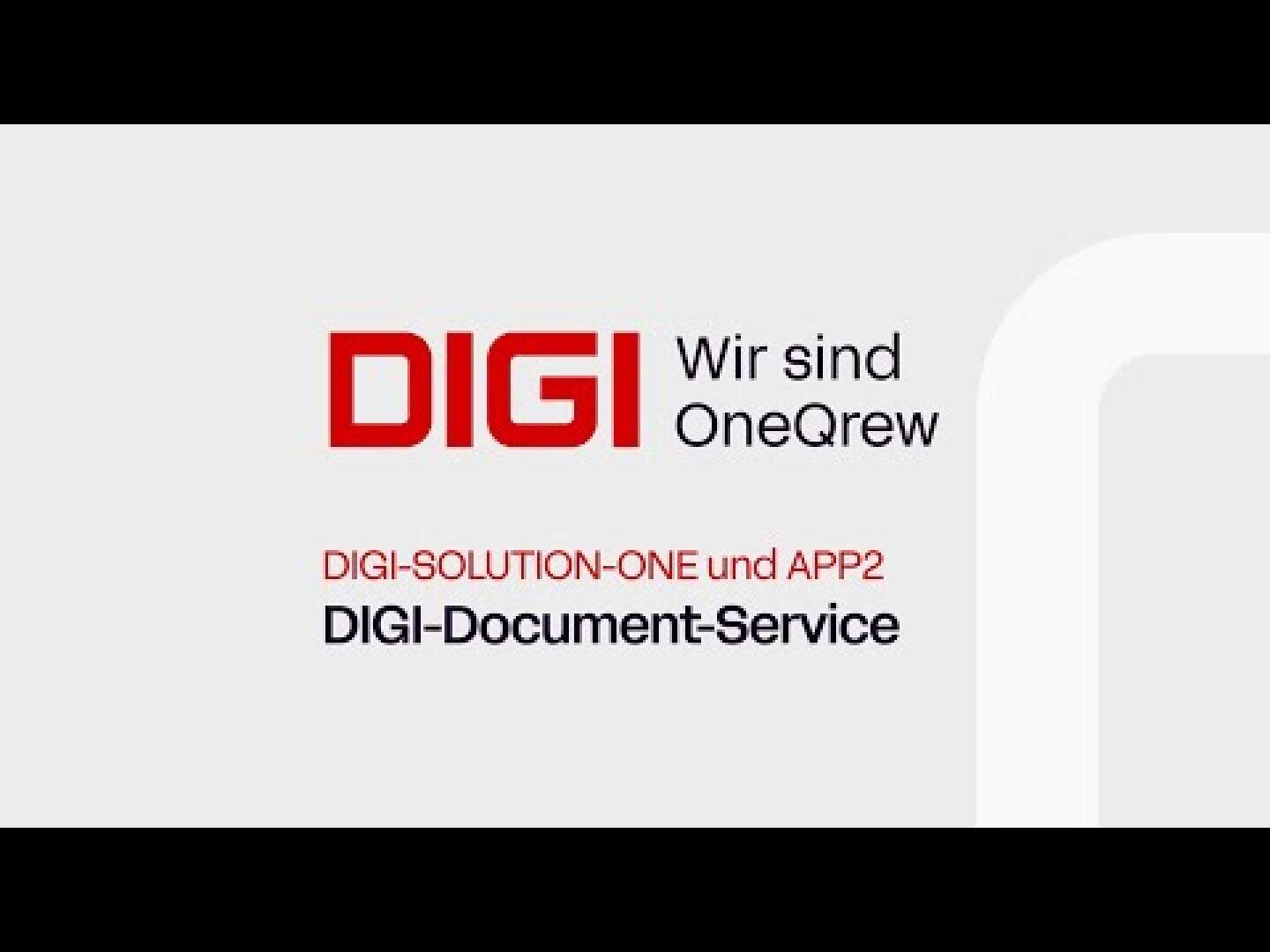Eine Präsentationsfolie mit dem Text DIGI Wir sind OneQrew, DIGI-SOLUTION-ONE und APP2, und DIGI-Document-Service auf einem grauen und weißen Hintergrund mit rotem und schwarzem Text.