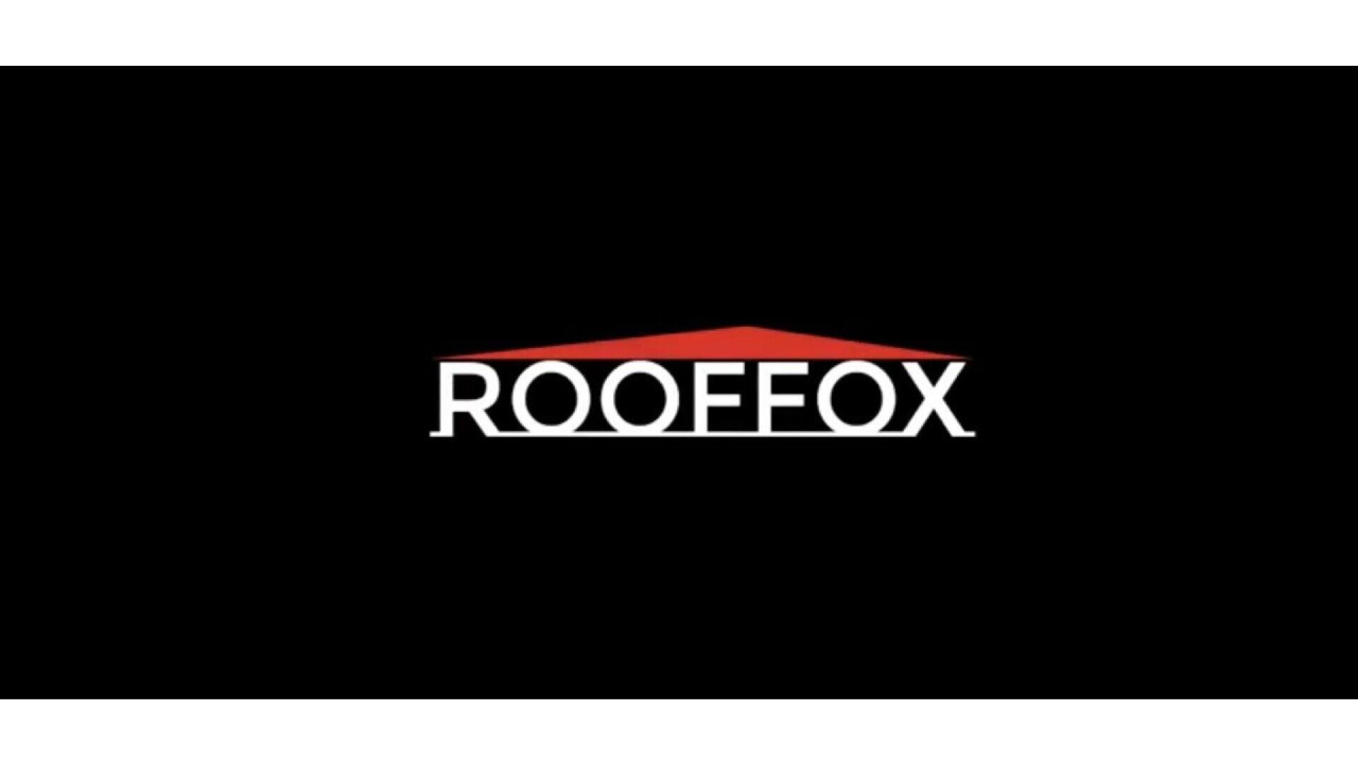 The image shows the word ROOFFOX in white capital letters on a black background, with a red roof shape above the letters O and F.