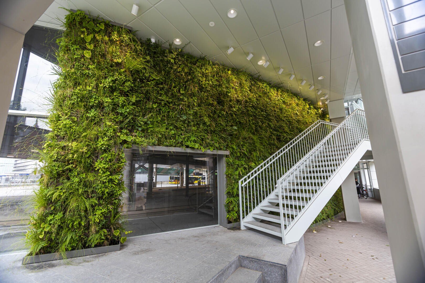 Das Innere eines modernen Gebäudes zeichnet sich durch eine große grüne Pflanzenwand neben einer Eingangstür aus Glas aus. Auf der rechten Seite führt eine weiße Metalltreppe nach oben.
