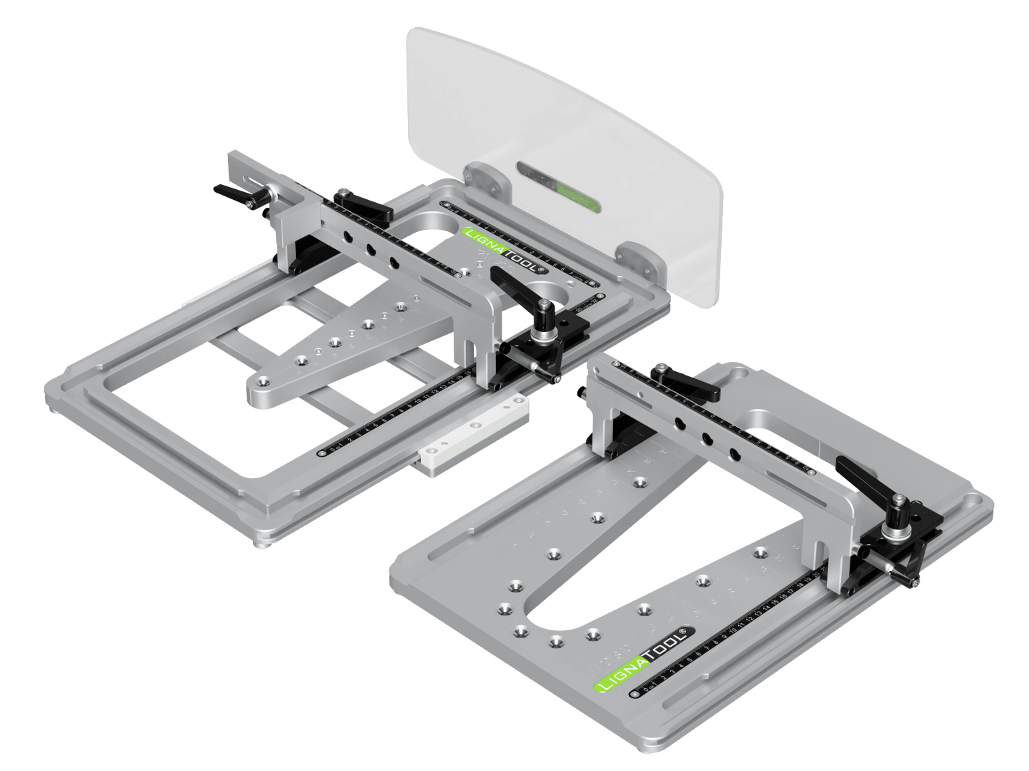 Ein Paar verstellbarer, silberfarbener Vorrichtungen zur Holzbearbeitung mit Klemmen, Linealen und Führungslöchern, beschriftet mit „LIGHT TOOL“, konzipiert für präzises Positionieren und Schneiden, wobei eine Vorrichtung über einen transparenten Schutzschild verfügt.