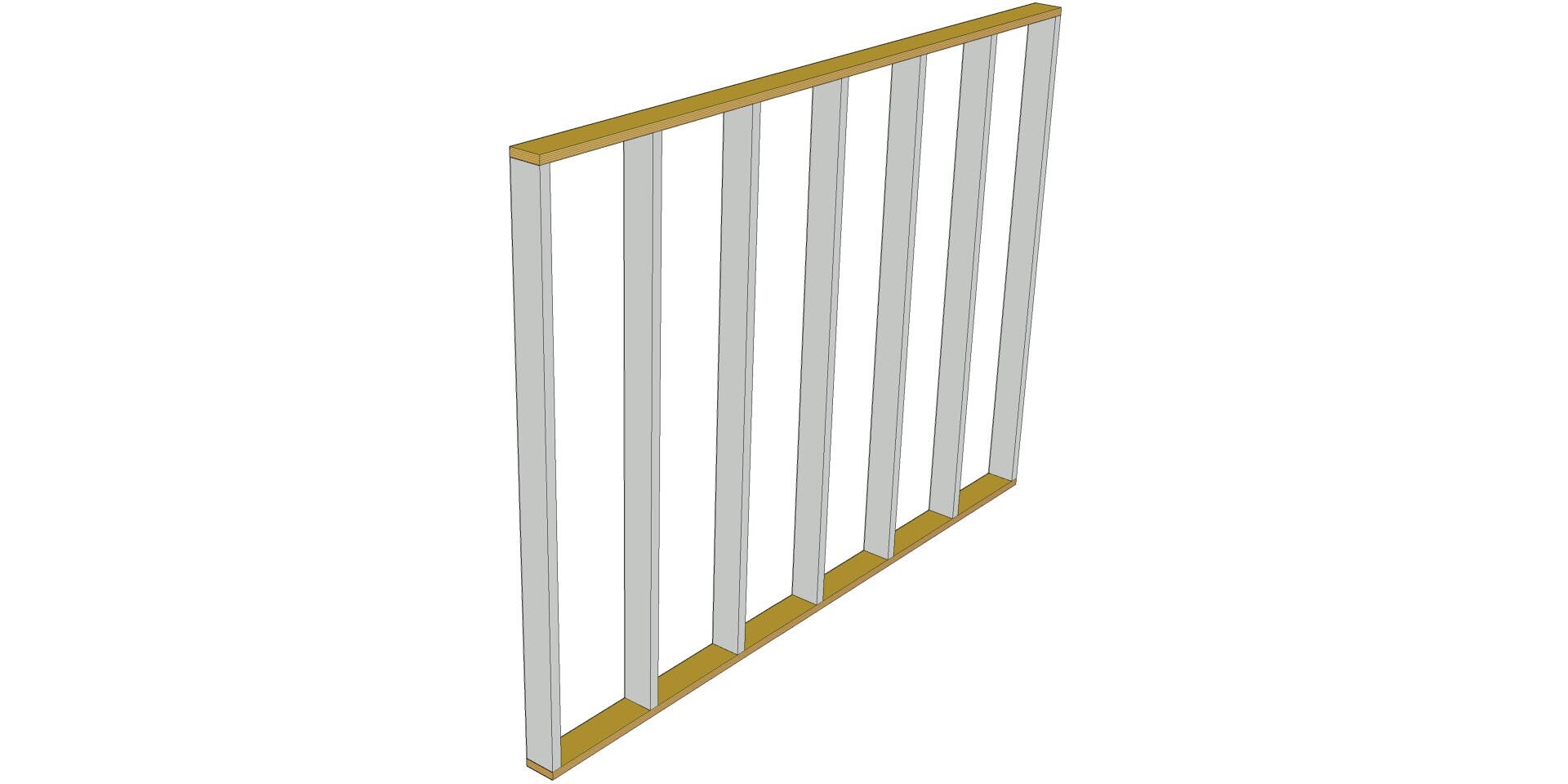 A 3D diagram of a simple wall frame with six vertical white uprights arranged evenly between an upper and lower horizontal brown panel.