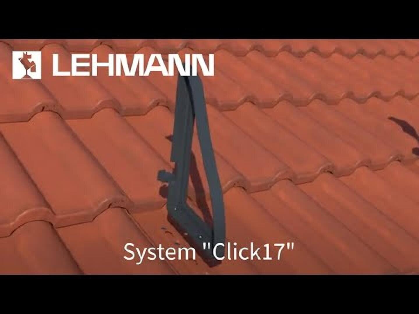 A metal roof bracket is installed on red clay roof tiles. The image contains the LEHMANN logo and the text "System Click17".