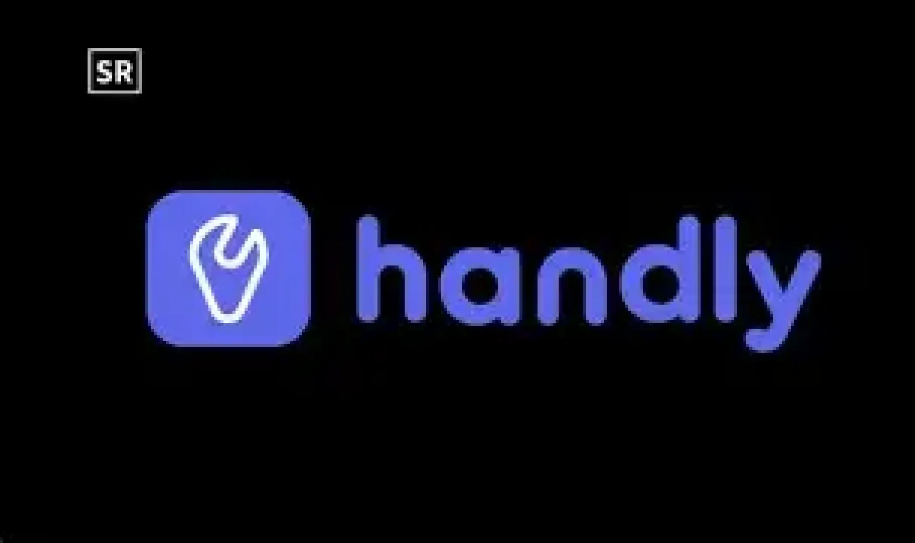 Das Bild zeigt das Wort handly in blauer Schrift neben einem blauen quadratischen Symbol mit einem weißen Umriss einer Hand auf schwarzem Hintergrund. In der oberen linken Ecke befindet sich ein kleines SR-Label.