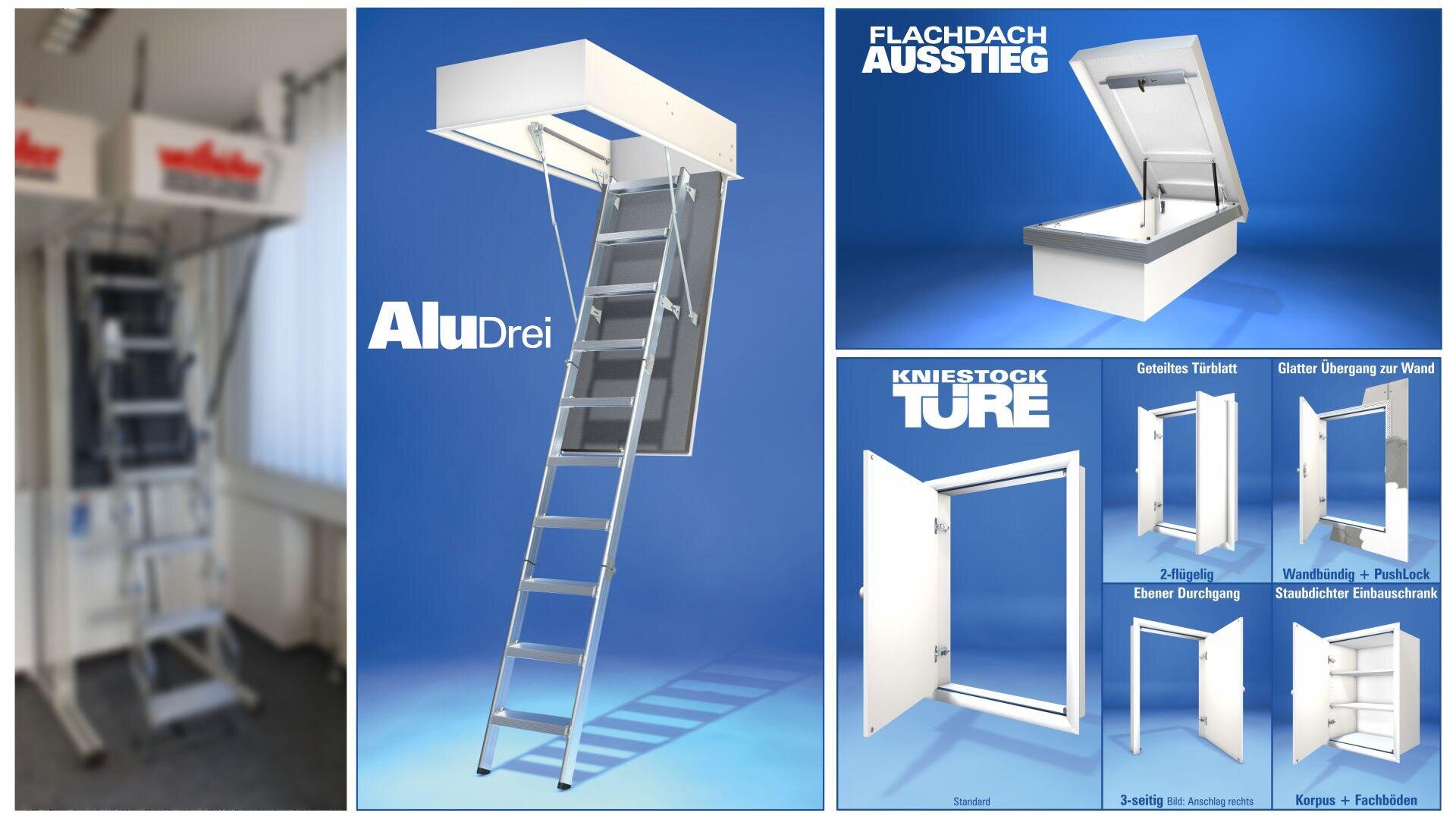 Eine Collage, die den Aufbau einer Dachbodenleiter aus Metall, eine Nahaufnahme einer Dachluke sowie Diagramme von Türen und Luken mit deutschen Beschriftungen zeigt und verschiedene Arten von Dachboden- und Dachzugangslösungen veranschaulicht.