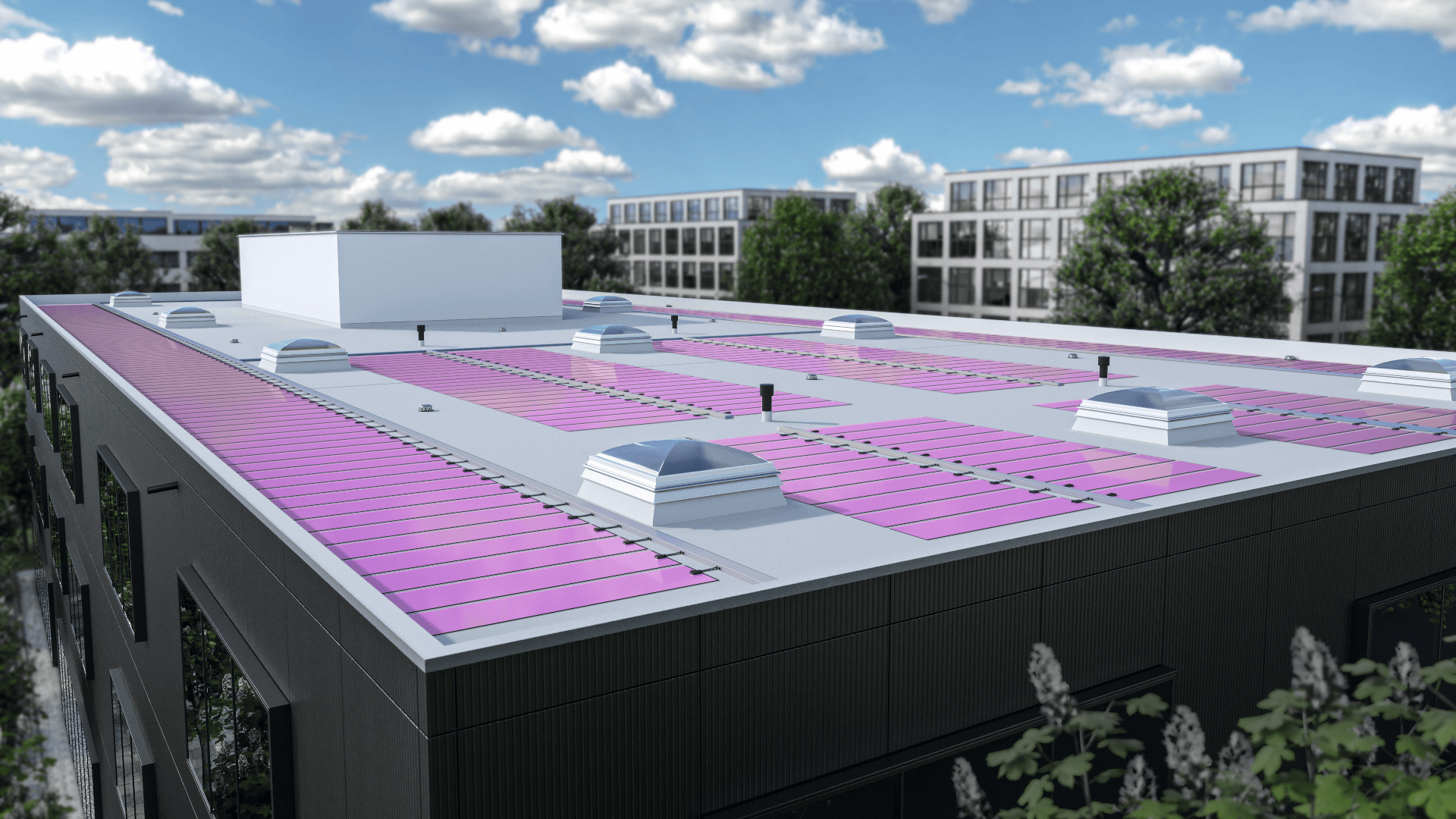 Ein modernes Gebäude mit Flachdach verfügt über Reihen rosafarbener Solarmodule und mehrere weiße Oberlichter vor einer Kulisse aus Bäumen und anderen zeitgenössischen Gebäuden unter einem teilweise bewölkten Himmel.