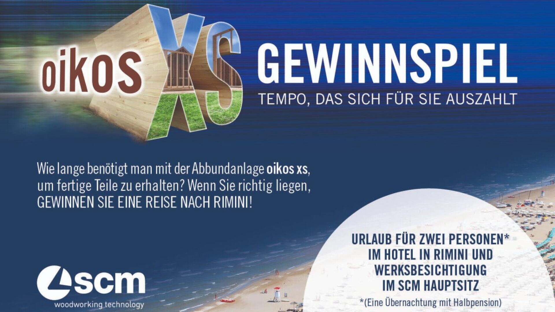 Promotional image for the “oikos XS Gewinnspiel” contest by SCM. Text offers a trip to Rimini for two as the prize and asks participants to guess how long it takes to receive parts from the oikos xs production system.