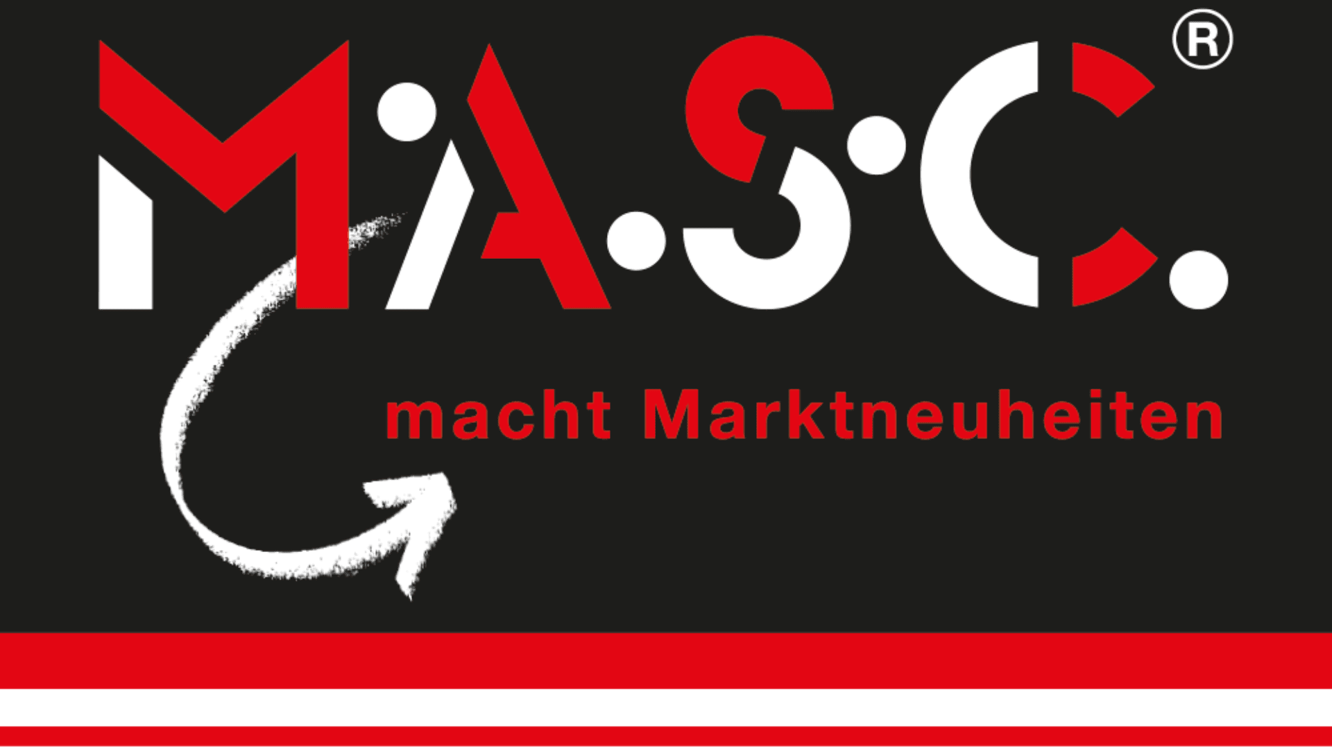 Logo mit den Buchstaben M.A.S.C. in Rot und Weiß auf schwarzem Grund, darunter der Schriftzug „macht Marktneuheiten“ in Rot und ein weißer Pfeil nach links. Unten befinden sich rote und grüne Streifen.