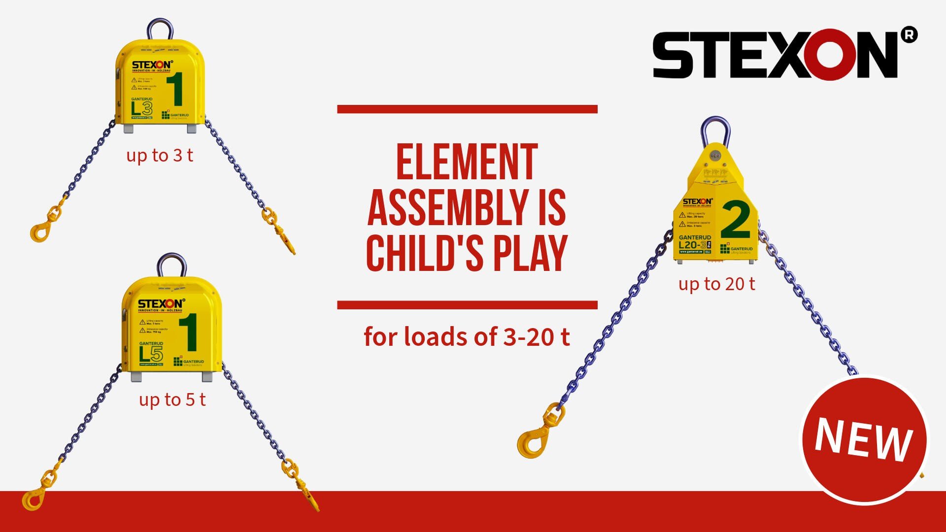 Three yellow lifting devices with attached blue chains are shown, labeled for lifting up to 3, 5, and 20 tons. Bold text reads Element assembly is child’s play for loads of 3–20 t. STEXON logo and a NEW red badge are included.