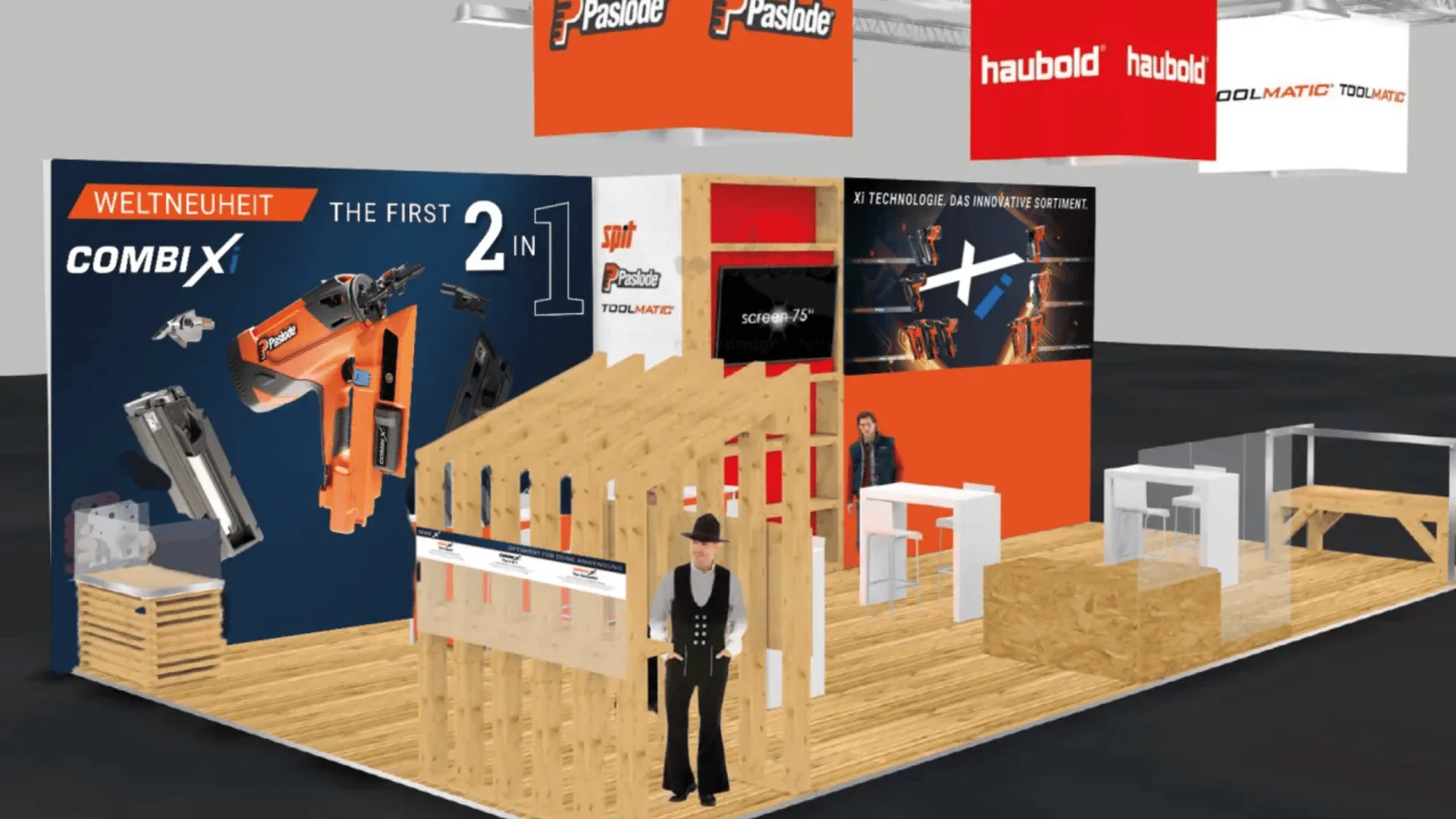 Ein Messestand präsentiert die Marken von Paslode und Haubold. An blauen und orangefarbenen Wänden sind Bauwerkzeuge ausgestellt. Eine Person in traditioneller Handwerkerkleidung steht vor einer Holzkonstruktion im Stand.