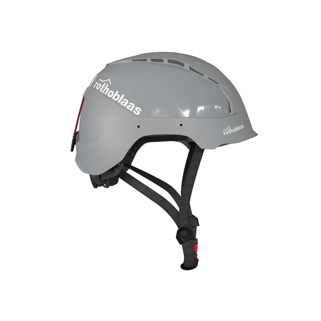 Ein grauer Rothoblaas-Schutzhelm mit schwarzen, verstellbaren Riemen und einer roten Schnalle, dargestellt von der Seite auf einem schlichten weißen Hintergrund.