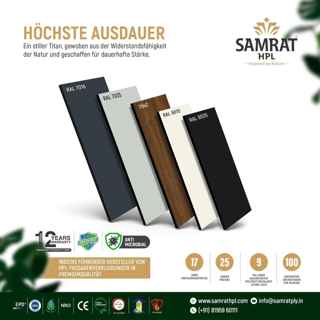 Vier stehende rechteckige Platten in verschiedenen Grau-, Braun- und Schwarztönen, beschriftet mit RAL-Codes. Das Bild wirbt für Samrat HPL-Platten mit Merkmalen wie antimikrobiellem Schutz, Garantieabzeichen und Kontaktdaten des Unternehmens am unteren Rand.