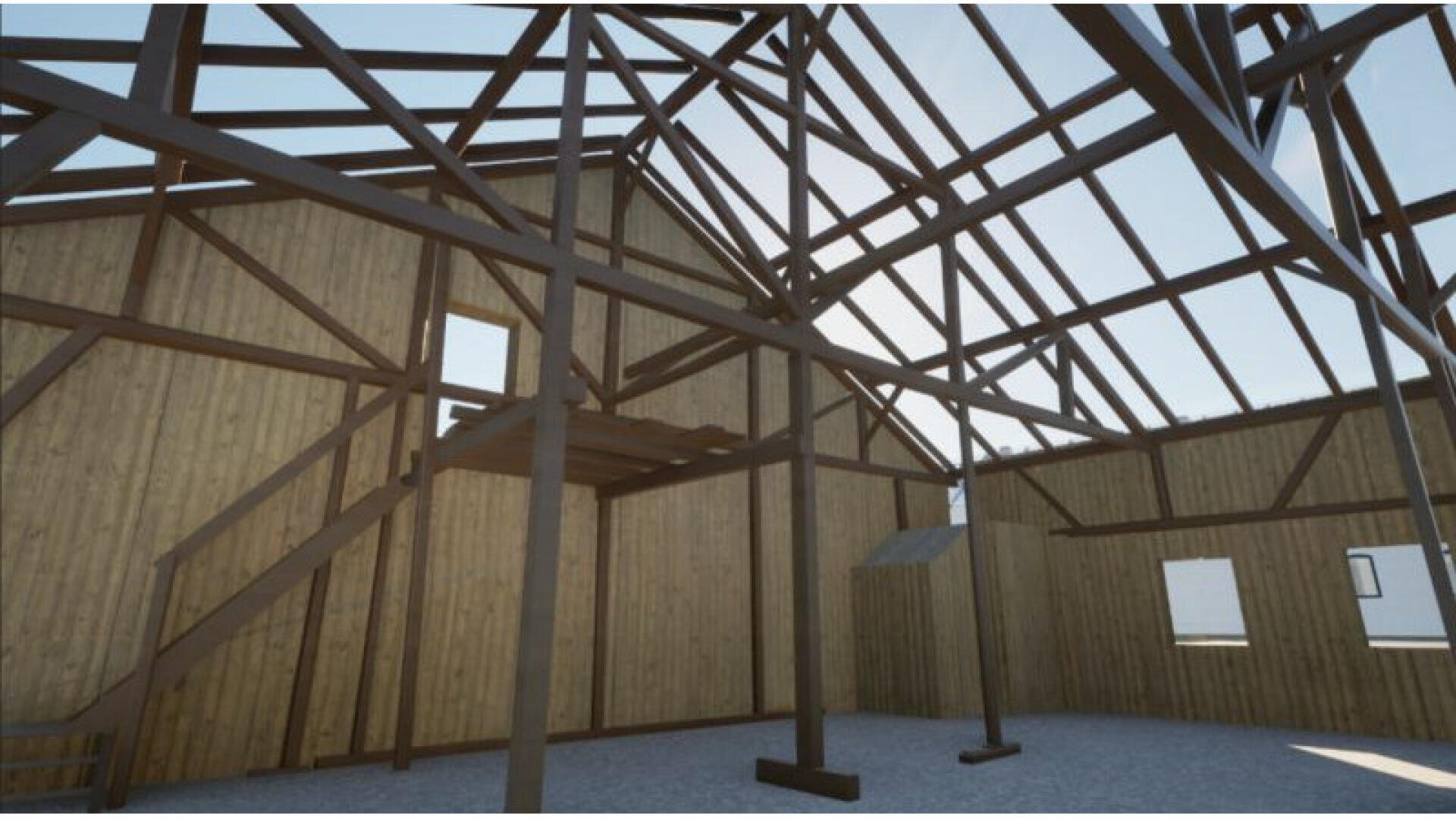 Innenansicht einer teilweise errichteten Holzscheune mit freiliegenden Balken, unfertigen Wänden, offener Decke und einer Treppe, die zu einer oberen Plattform führt. Sonnenlicht fällt durch offene Fenster und den Dachstuhl.