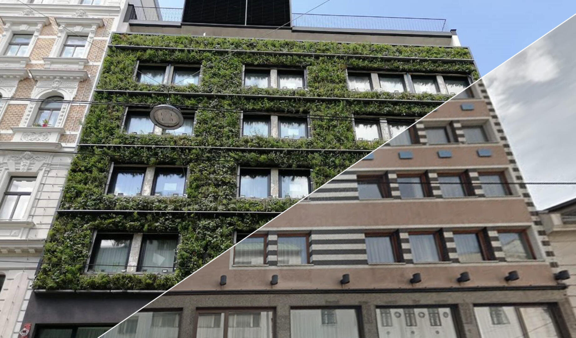 Ein Gebäude ist diagonal geteilt dargestellt: Die linke Seite weist eine grüne, bepflanzte Fassade auf, während die rechte Seite eine schlichte, grau gestreifte Fassade aufweist. Beide verfügen über Fensterreihen.