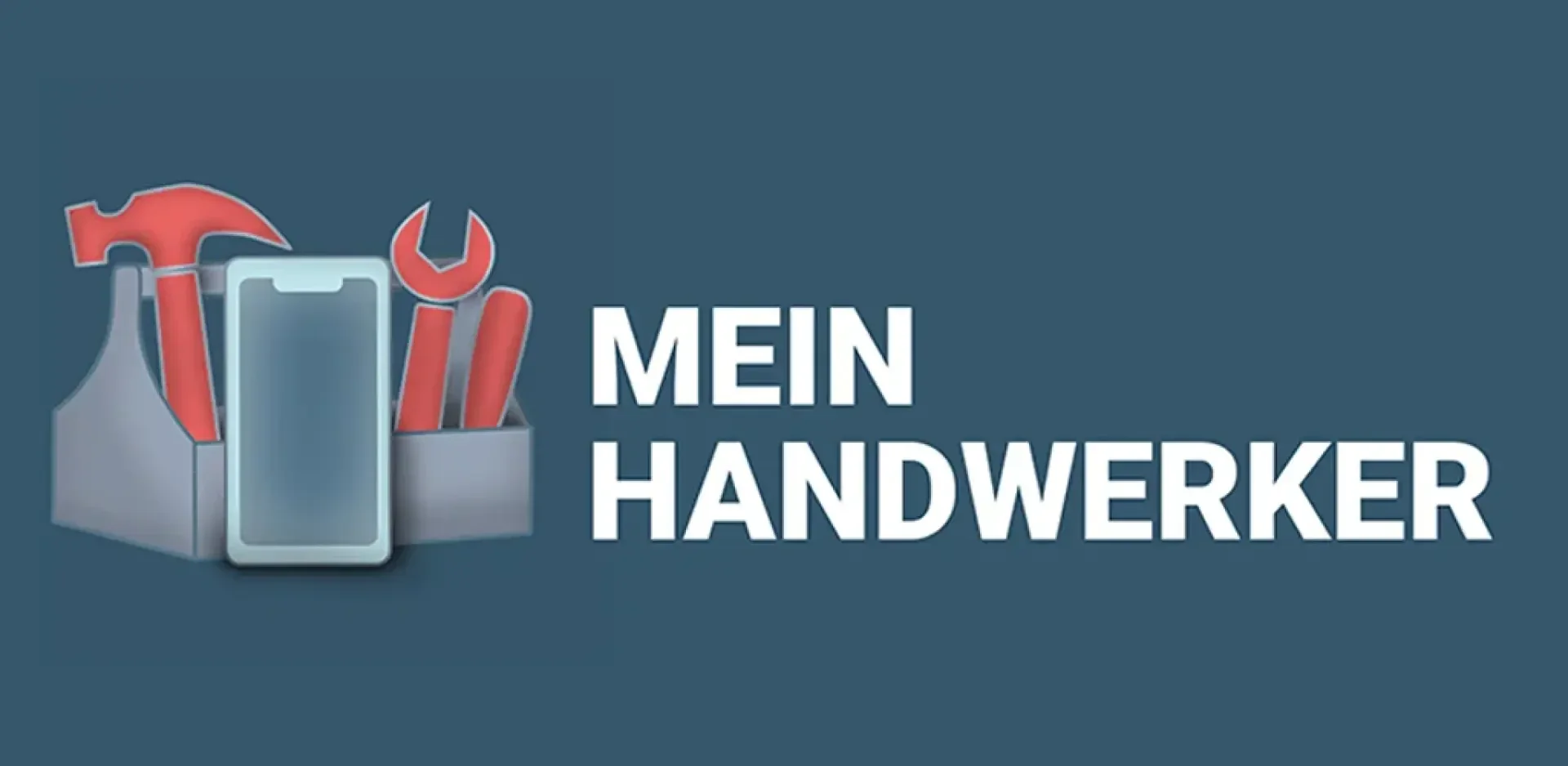 Ein grauer Werkzeugkasten mit einem roten Hammer, Schraubenschlüssel und Schraubenzieher neben einem Smartphone-Symbol auf blauem Hintergrund. Der Text "MEIN HANDWERKER" erscheint in fetten weißen Buchstaben auf der rechten Seite.