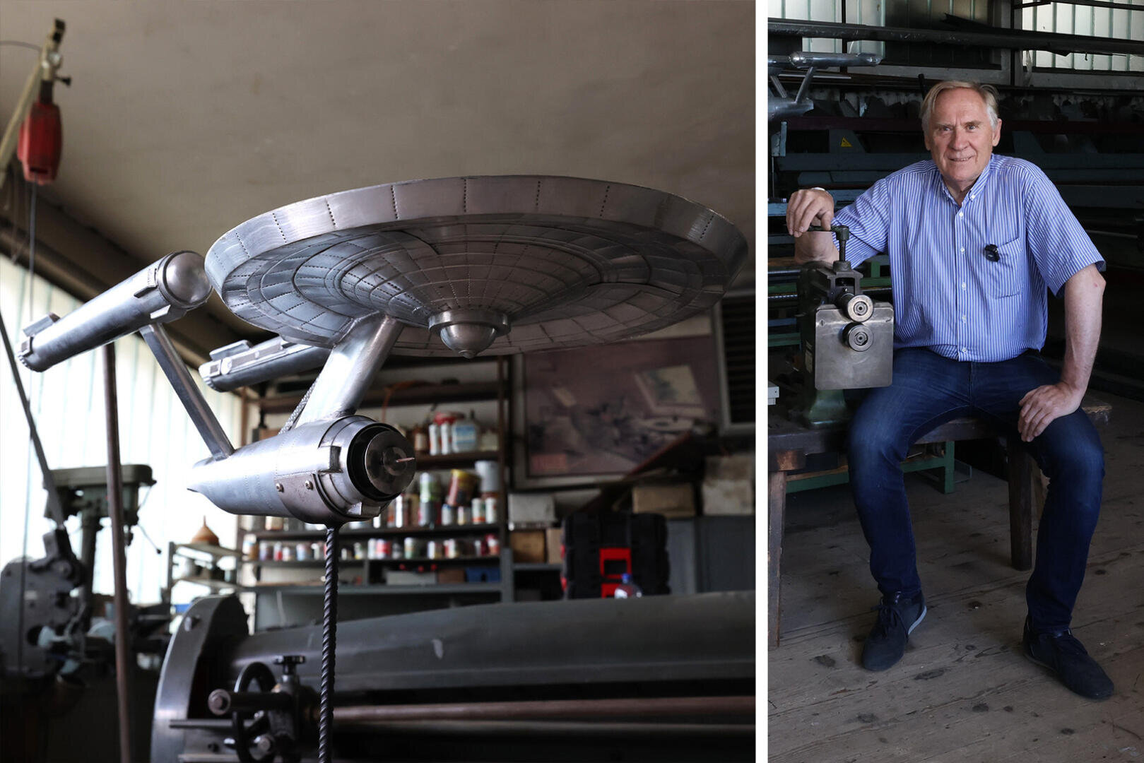 Ein Metallmodell des Raumschiffs Enterprise ist in einer Werkstatt ausgestellt; daneben sitzt ein älterer Mann im blauen Hemd auf einer Bank, hält ein Maschinenteil und lächelt in die Kamera.