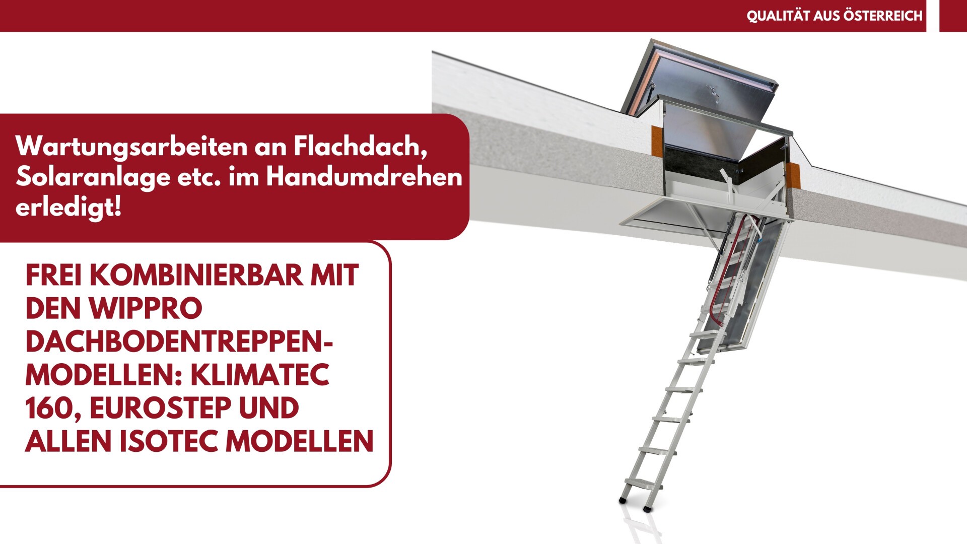 Die Abbildung zeigt eine Dachausstiegsluke mit ausgefahrener Leiter. Der Text erläutert die Wartungsfreundlichkeit von Dächern und Solarmodulen sowie die Kompatibilität mit Wippro-Dachbodentreppenmodellen.