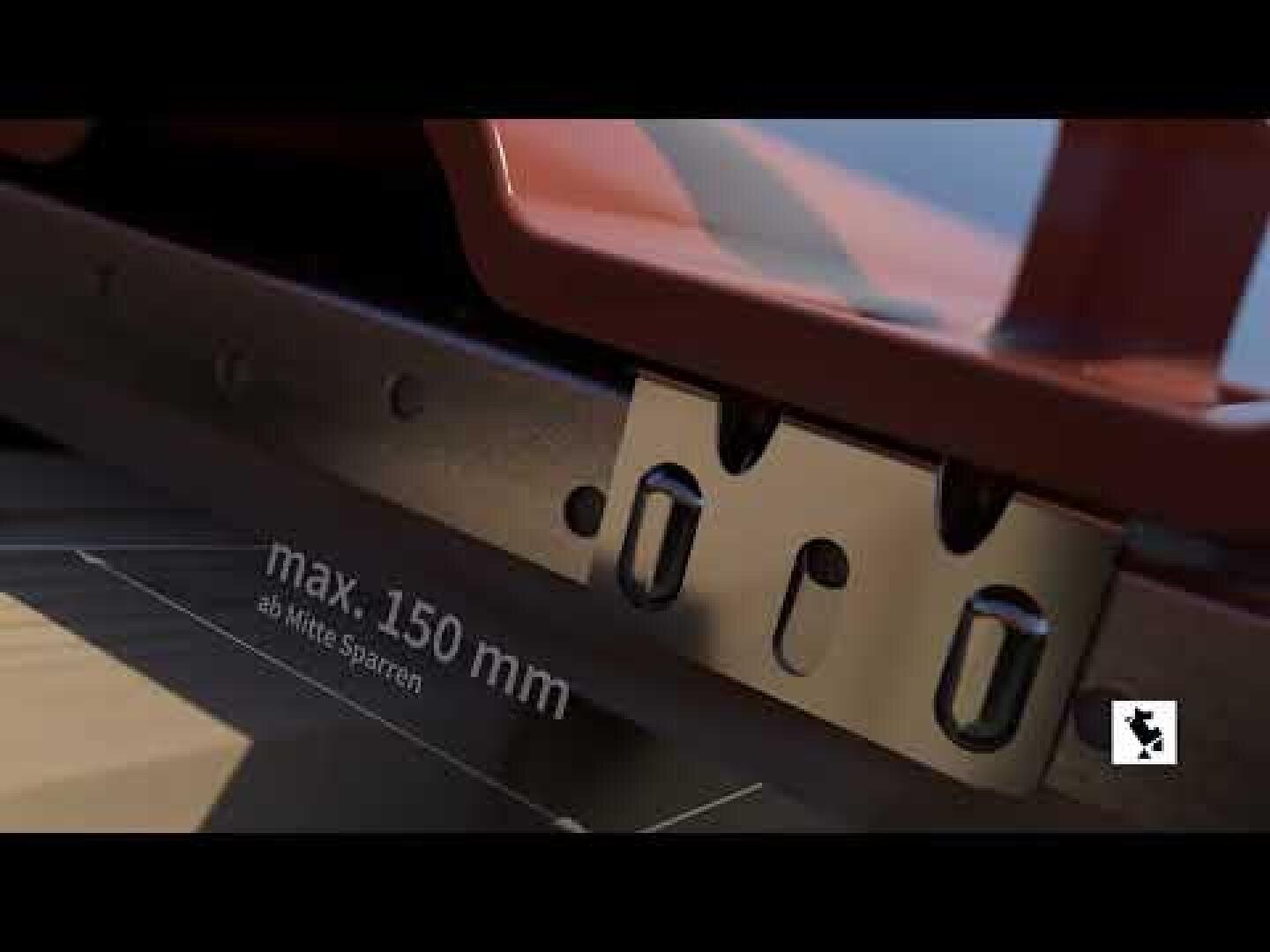 Close-up of a metal bracket attached to a surface with text overlay stating max. 150 mm from center rafter. The image also contains a partial red structure and a small diagram in the corner.