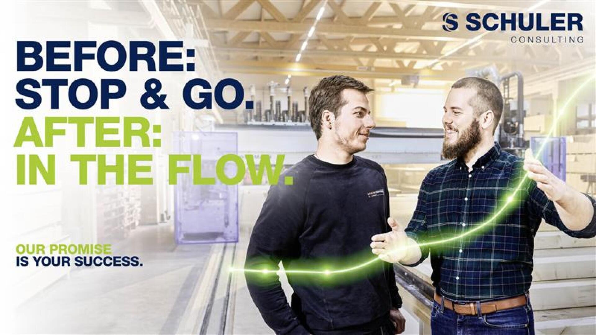 Two men smiling and talking in an industrial facility. Large text reads: BEFORE: STOP & GO. AFTER: IN THE FLOW. Schuler Consulting logo is in the top right corner. The slogan at bottom left says, OUR PROMISE IS YOUR SUCCESS.