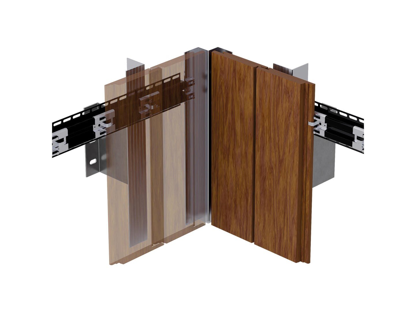 3D-Darstellung einer Wandecke, die ein Verkleidungssystem mit holzstrukturierten Paneelen, Metallschienen und Befestigungselementen zeigt, wobei die strukturellen Schichten und der Installationsprozess hervorgehoben werden.