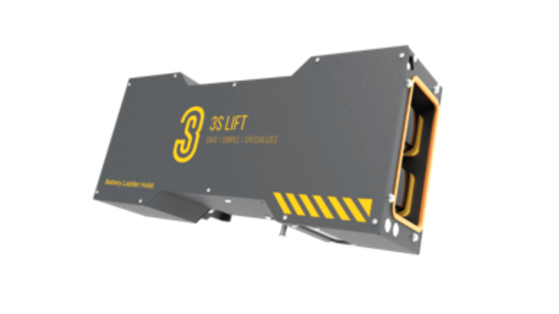 A gray, rectangular battery locker with yellow accents, labeled 3S LIFT and Battery Locker Hoist, featuring a yellow logo and warning stripes on a white background.