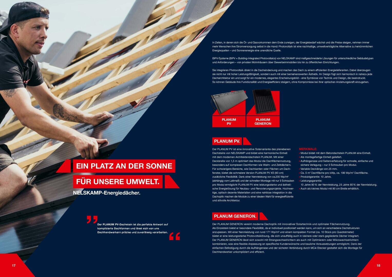 Ein Arbeiter installiert Sonnenkollektoren auf einem schrägen Dach. Der Hintergrund ist blau mit weißem und rotem Text in deutscher Sprache, Produktbildern von Solarmodulen und Diagrammen, die die Merkmale von PV- und GENERON-Energiedächern beschreiben.